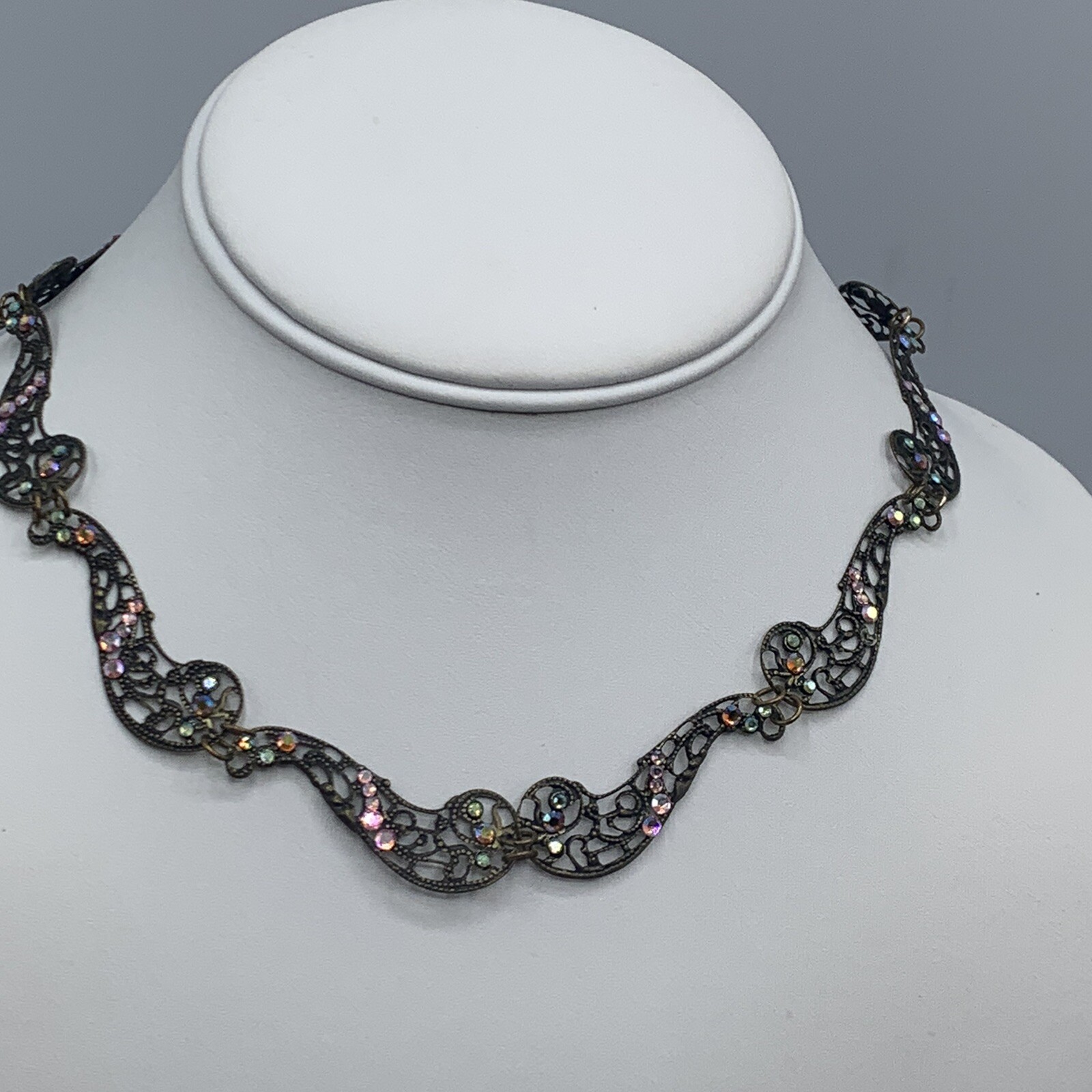 Glass Works Studio Brass Crystals Art Deco Style Dainty Necklace Flawed 14-18″