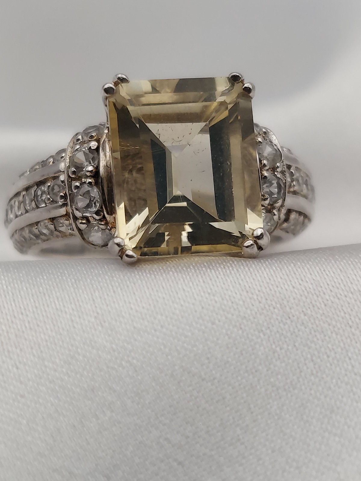 Sterling Silver Crystals & Citrine Rectangle 3 row Ring Size 8 Vtg HSN “B” 3ct