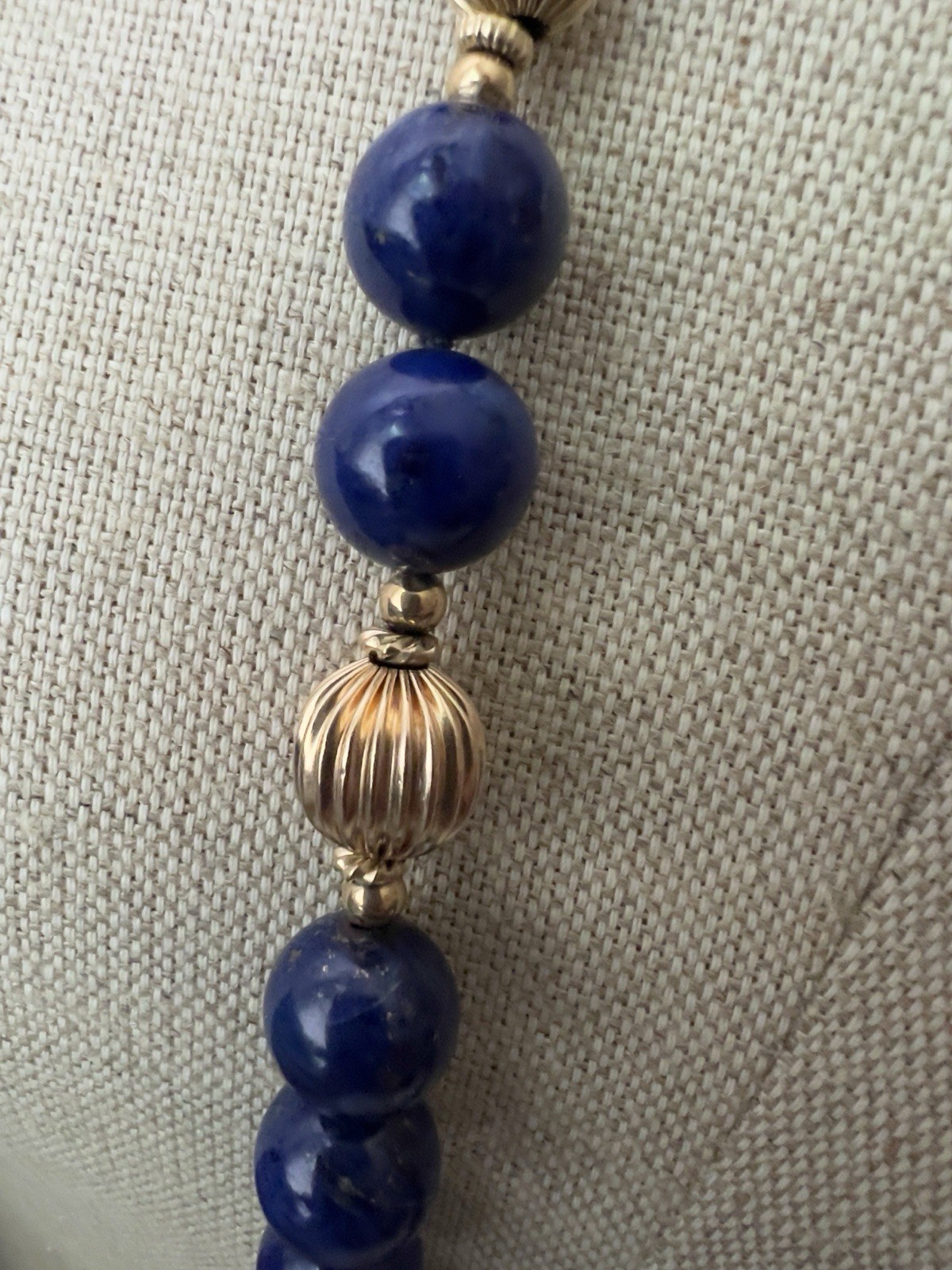 Vintage Lapis Lazuli and 14K Beads Hand Knotted 30” Necklace With Figural Beads