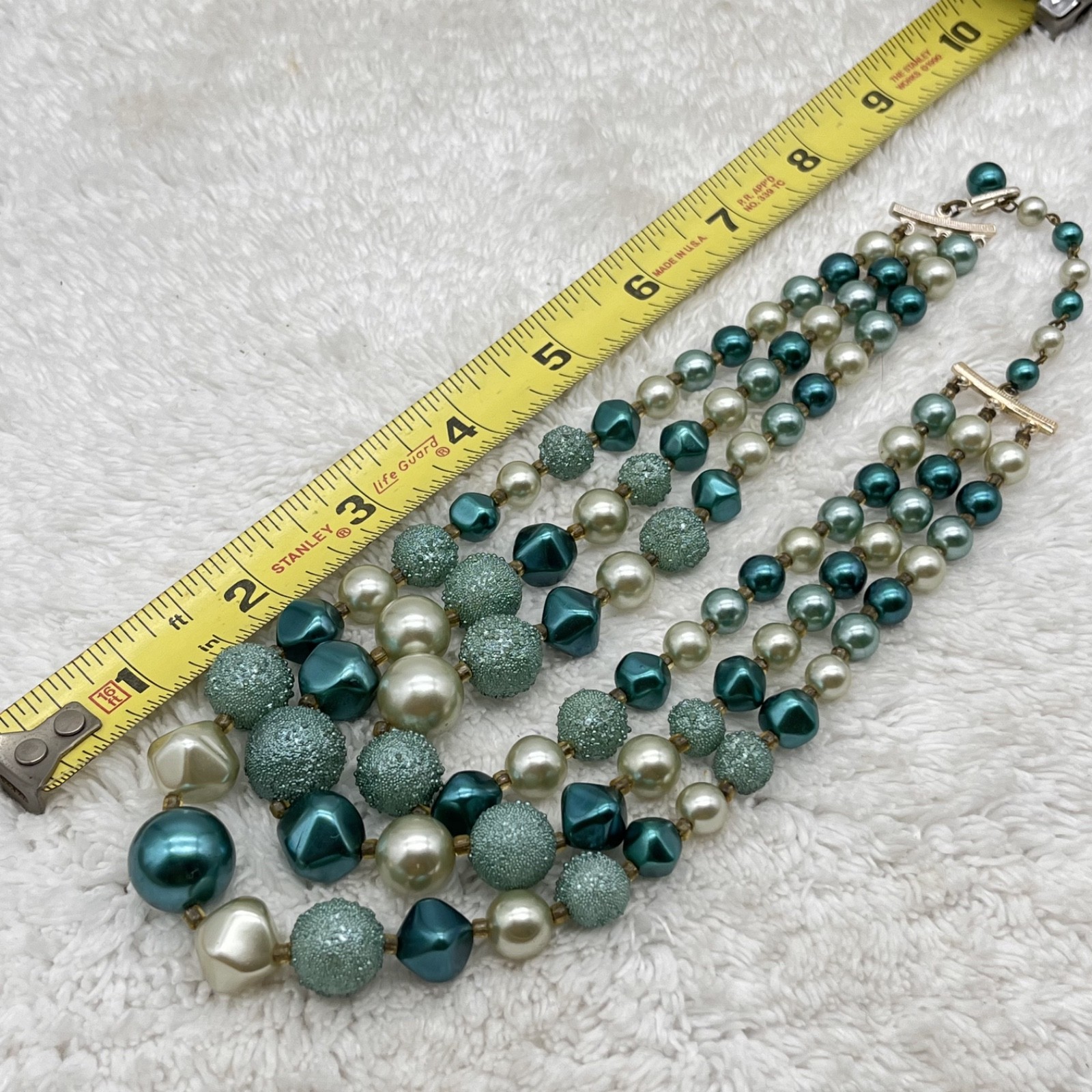 Vintage Green Plastic Jewelry Set Green Beads Triple Strand Necklace Earrings