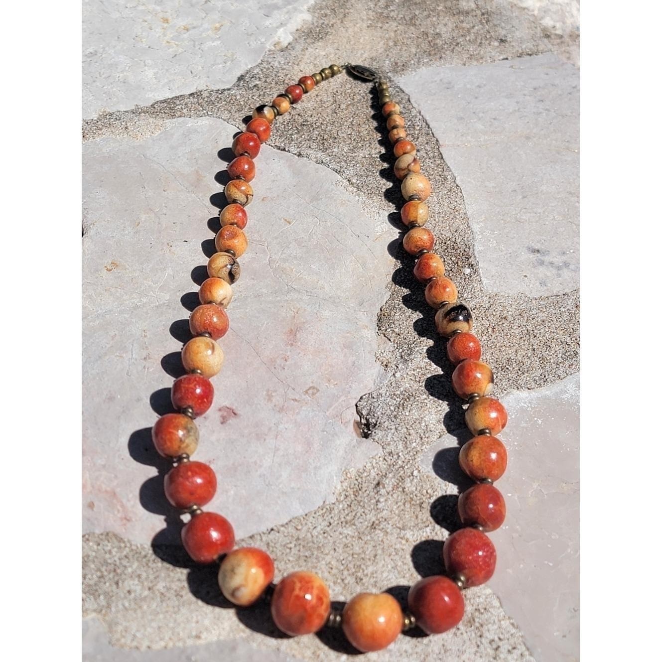 Vintage Sponge Coral Bead Necklace 23″ Orange Red Cream Graduated Brass Spacer