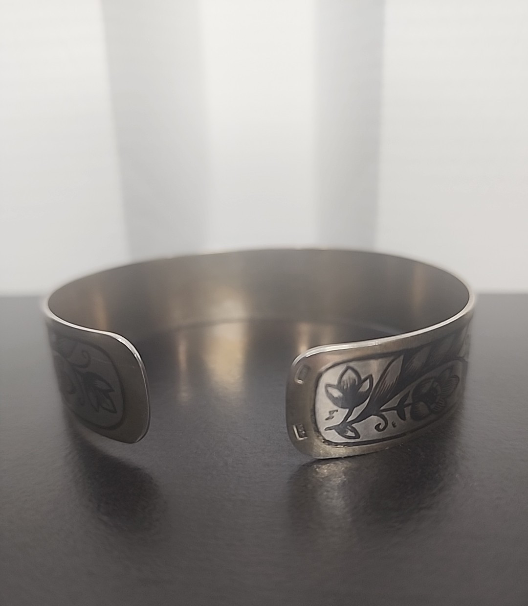 Vintage Soviet era 875 Sterling Silver Cuff Bracelet Niello Floral Design russia