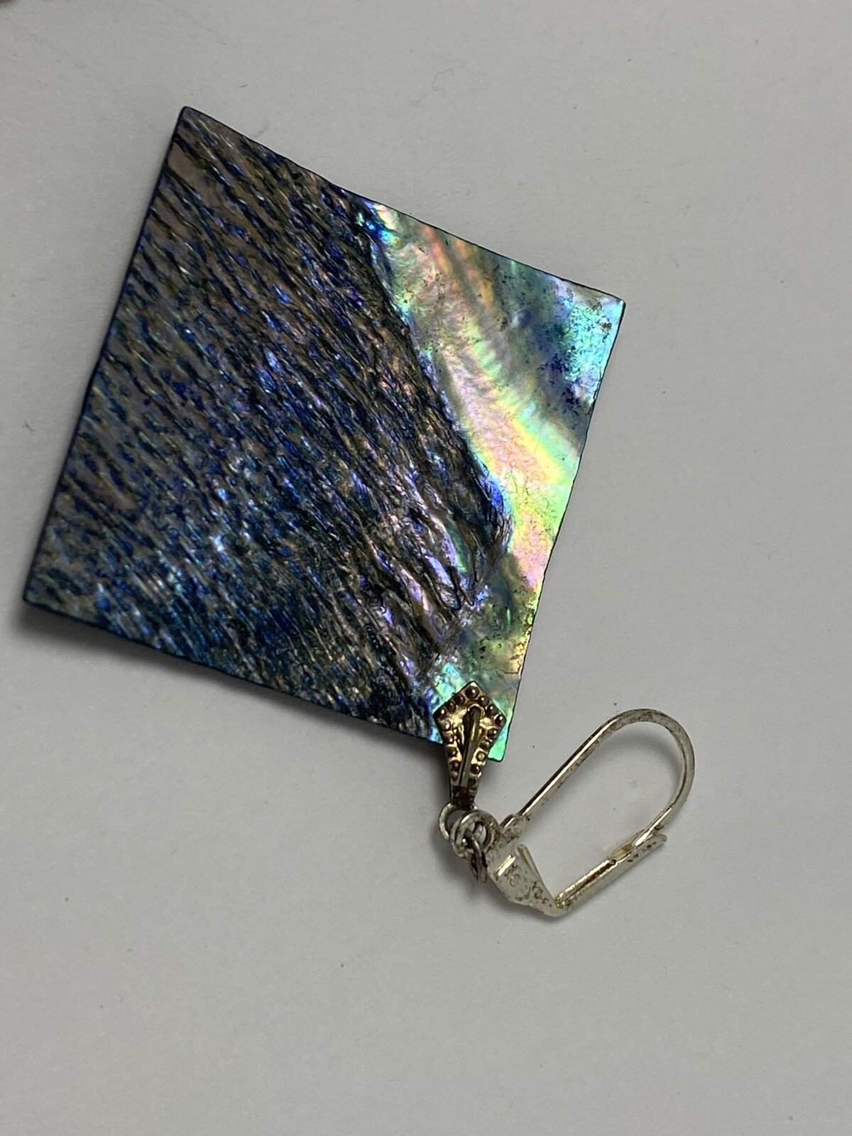 Vintage Large Iridescent Blue Green Abalone Shell Paua Square Dangle Earrings