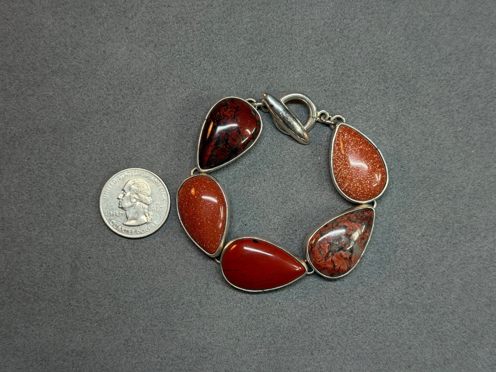 Vintage LOS CASTILLO Mexico Sterling Silver Red & Poppy Jasper Cabochon Bracelet