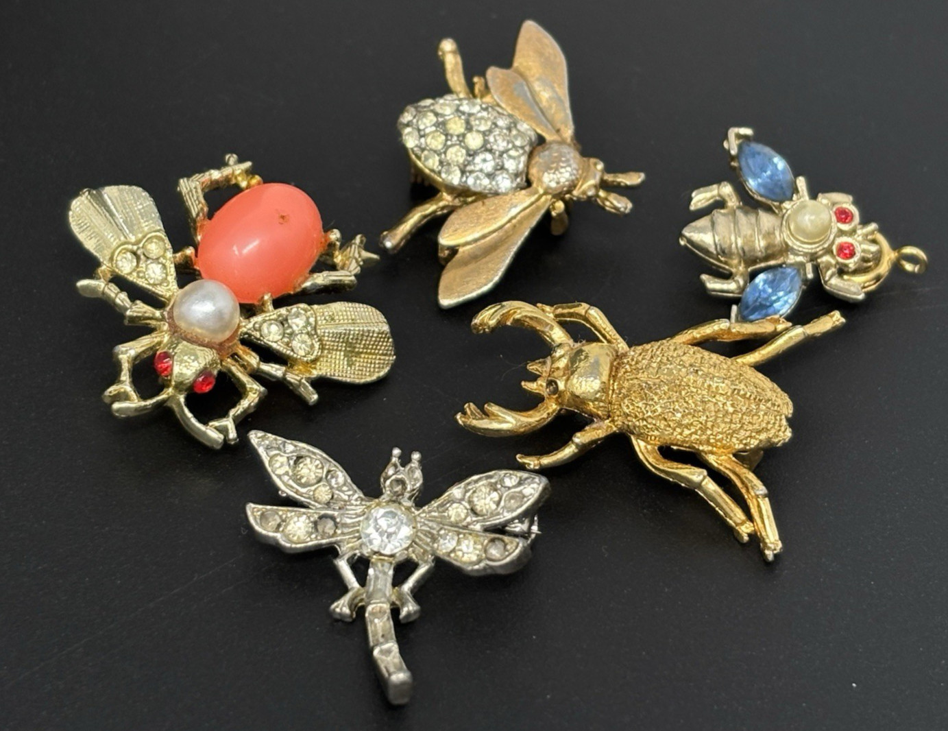 Vintage Estate Mixed Bug Insect Scatter Pin Brooch Lot Figural Rhinestone