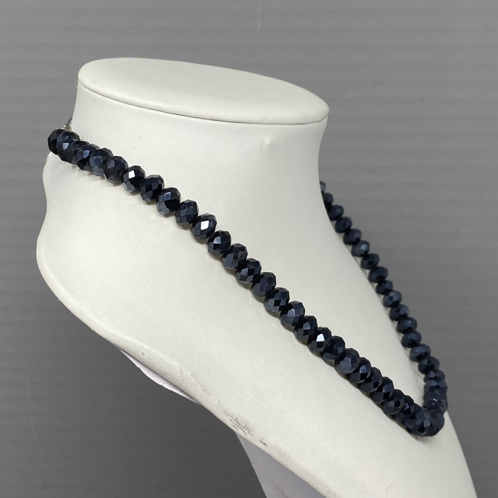 Blue Glass Bead Necklace Iridescent Round Faceted Dark Fire Polished Collar 18″