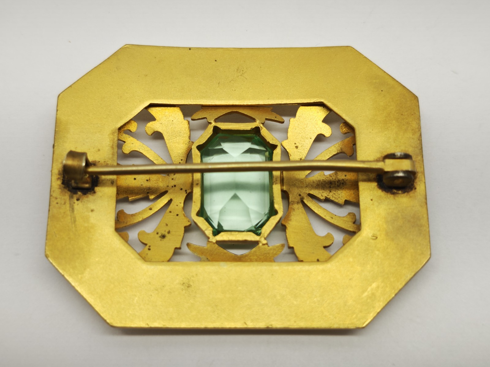 Art Deco Influenced Brooch | Gold Tone, Faceted Green Glass Stone