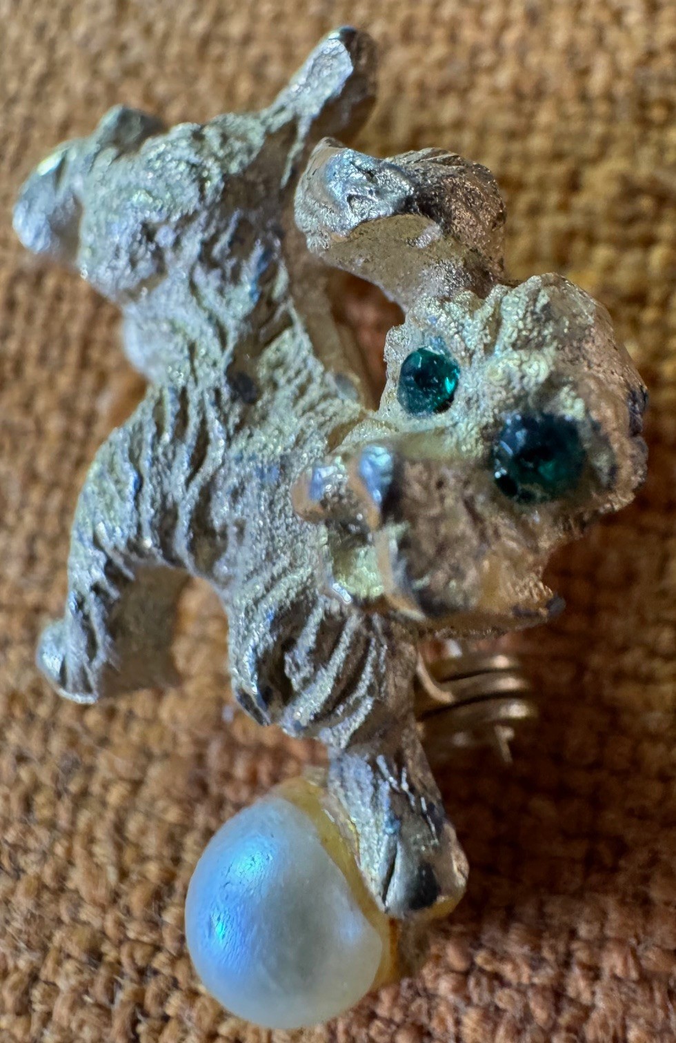 Vintage 1960s Dog-Puppy Pins (2) Gold-Tone with Pearls & Green Eyes *NOTES*