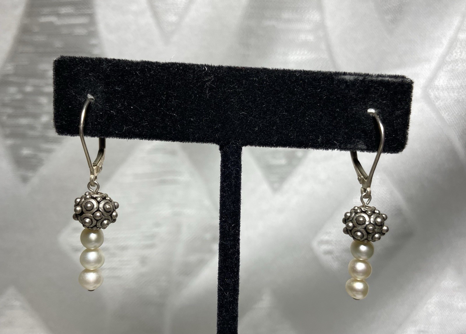Vintage 925 Sterling Silver Pearl Dangle Earrings Bali Style Leverback 3/4″