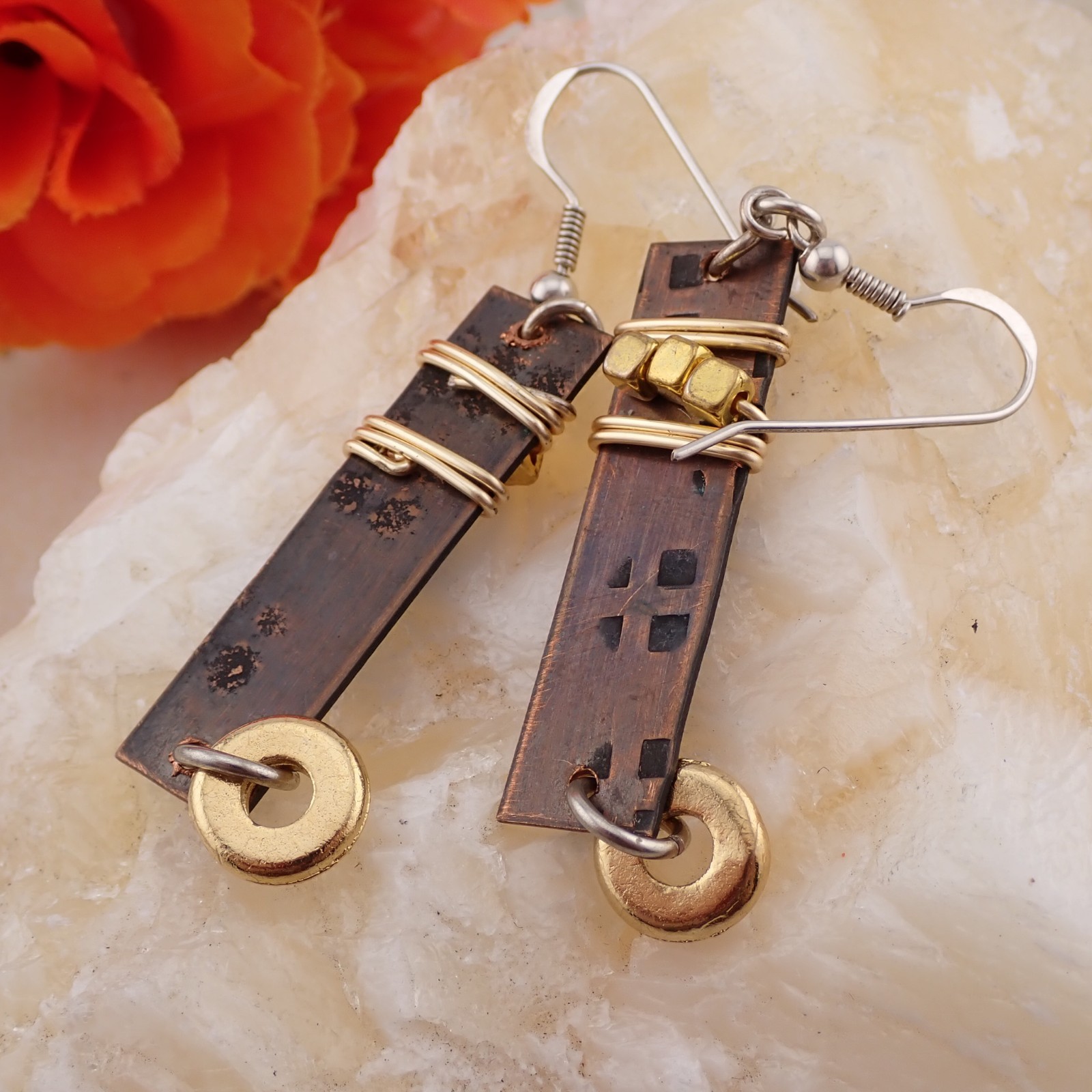 Vintage Artisan Modern Sterling Silver Wires Mixed Metal Dangle Pierced Earrings