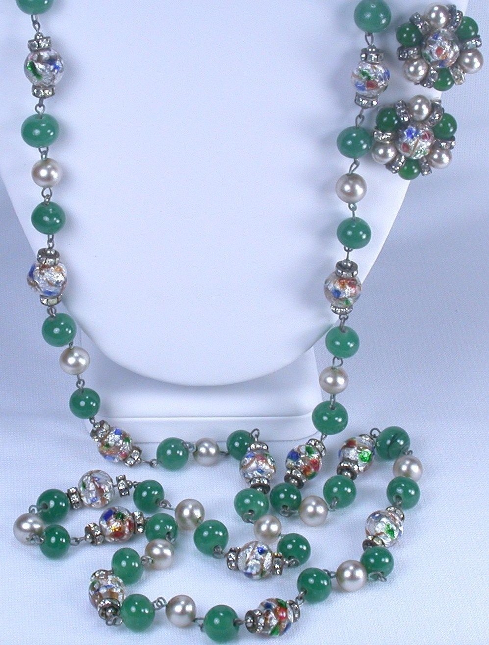 Vintage German Foil Glass Bead Necklace & Earrings Set