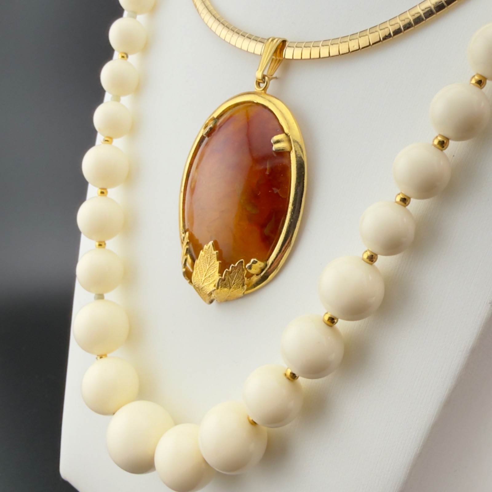 Vintage Glass Cabochon Pendant Necklace Set Orange Brown Beaded Gold Tone