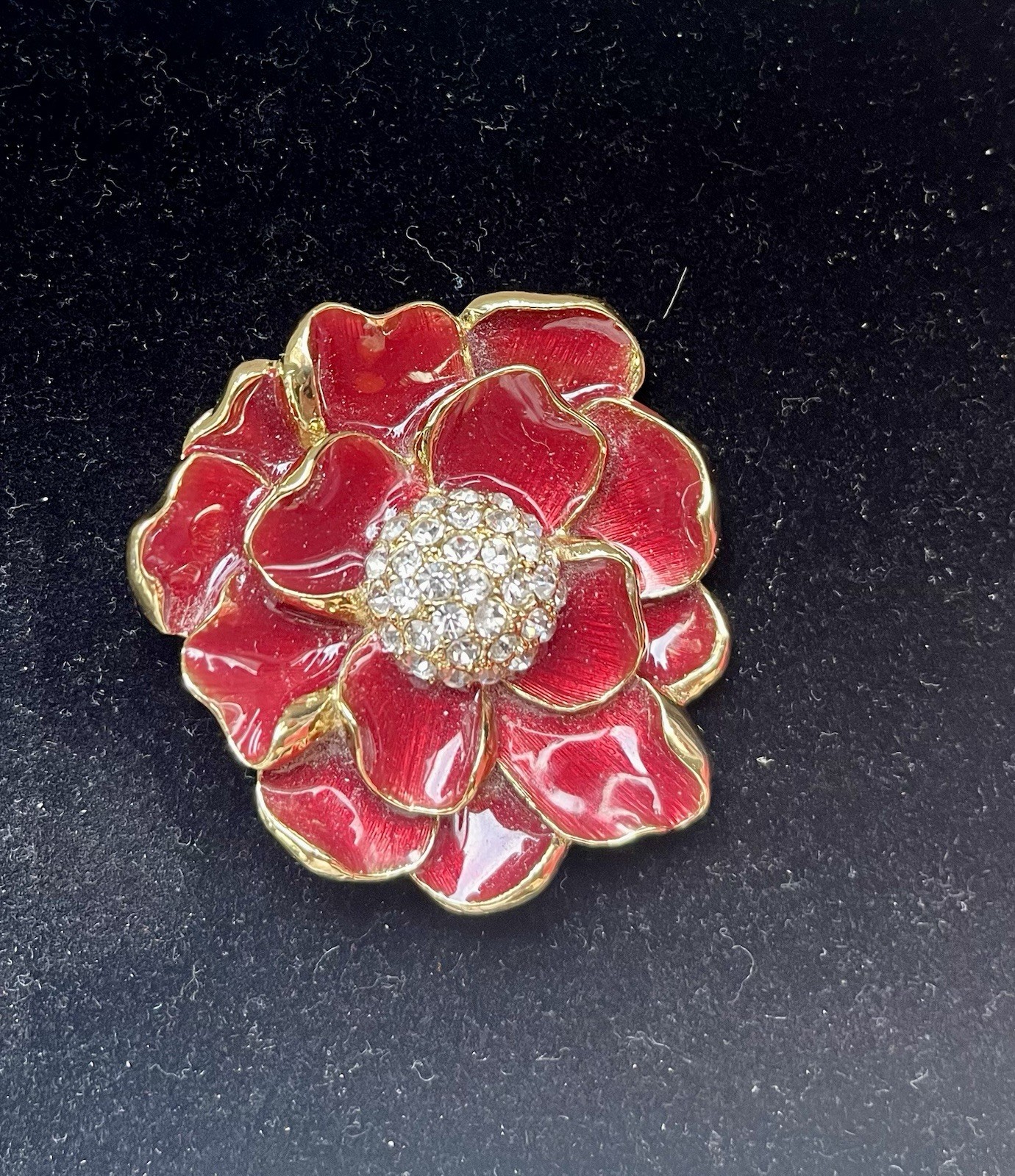 Vintage Monet Signed ENAMEL Red Poppy Flower Brooch-Pin Gold Tone & Rhinestones