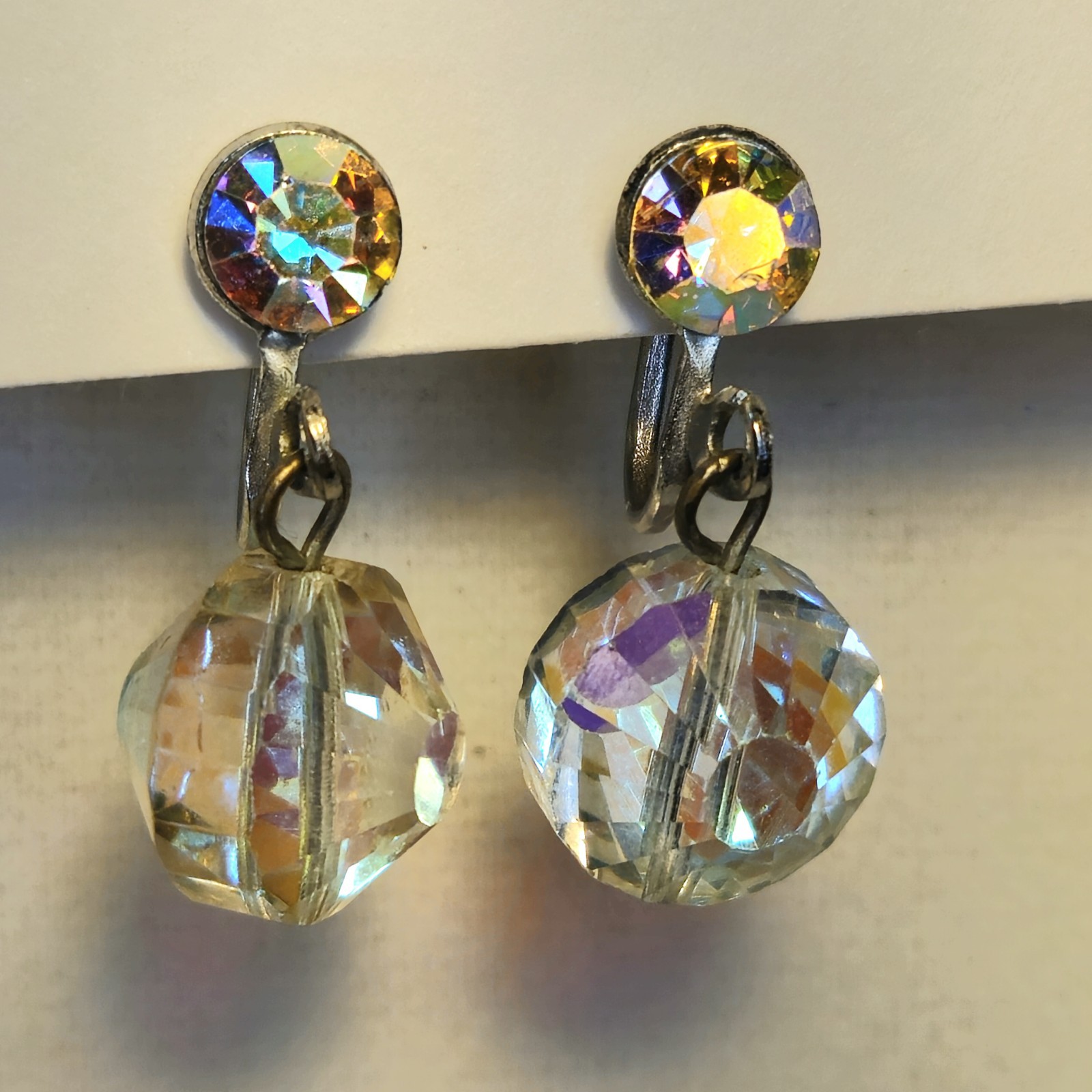 Clear Crystal Prism Earrings • Acrylic Dangle Ball • Silver Tone • 1 Inch