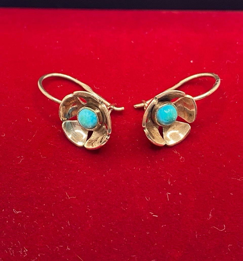 Vintage Soviet Gilt Turquoise Earrings Silver 875