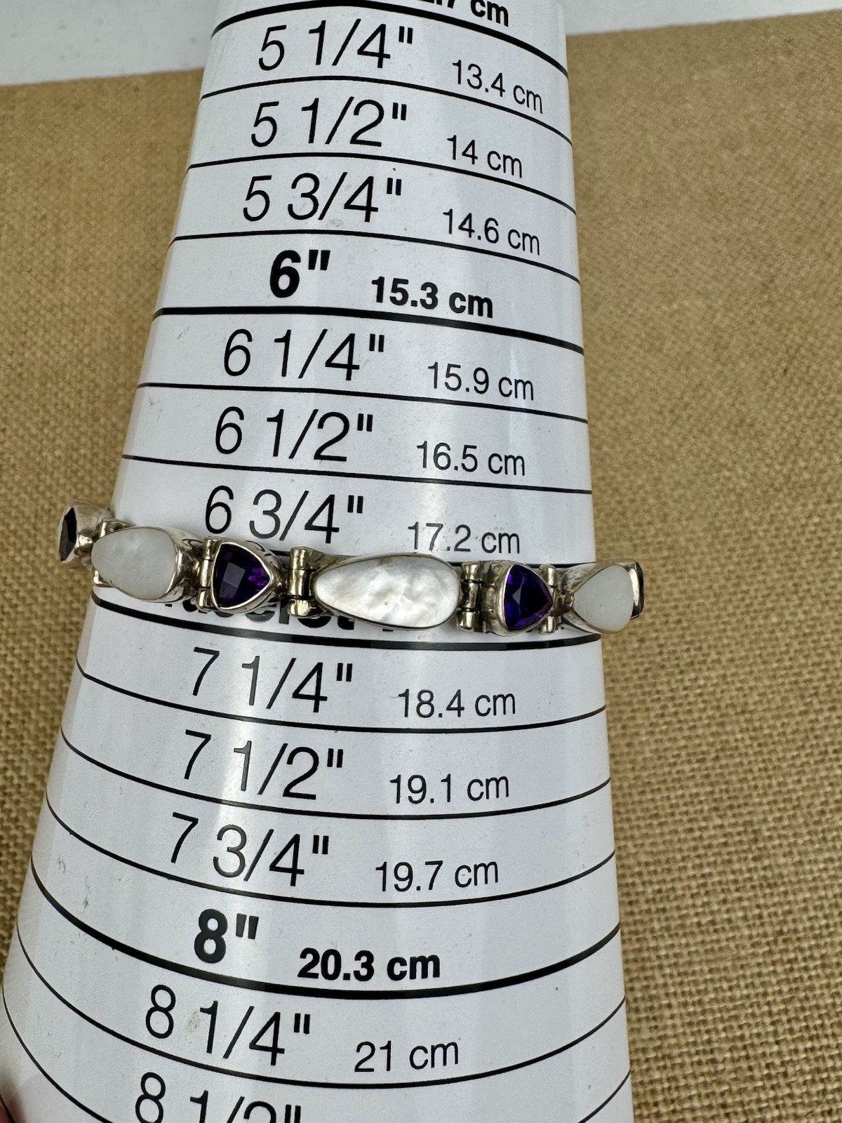 Vintage Acleoni Silver 925 Trillion Amethyst & Luminous Mother Of Pearl Bracelet