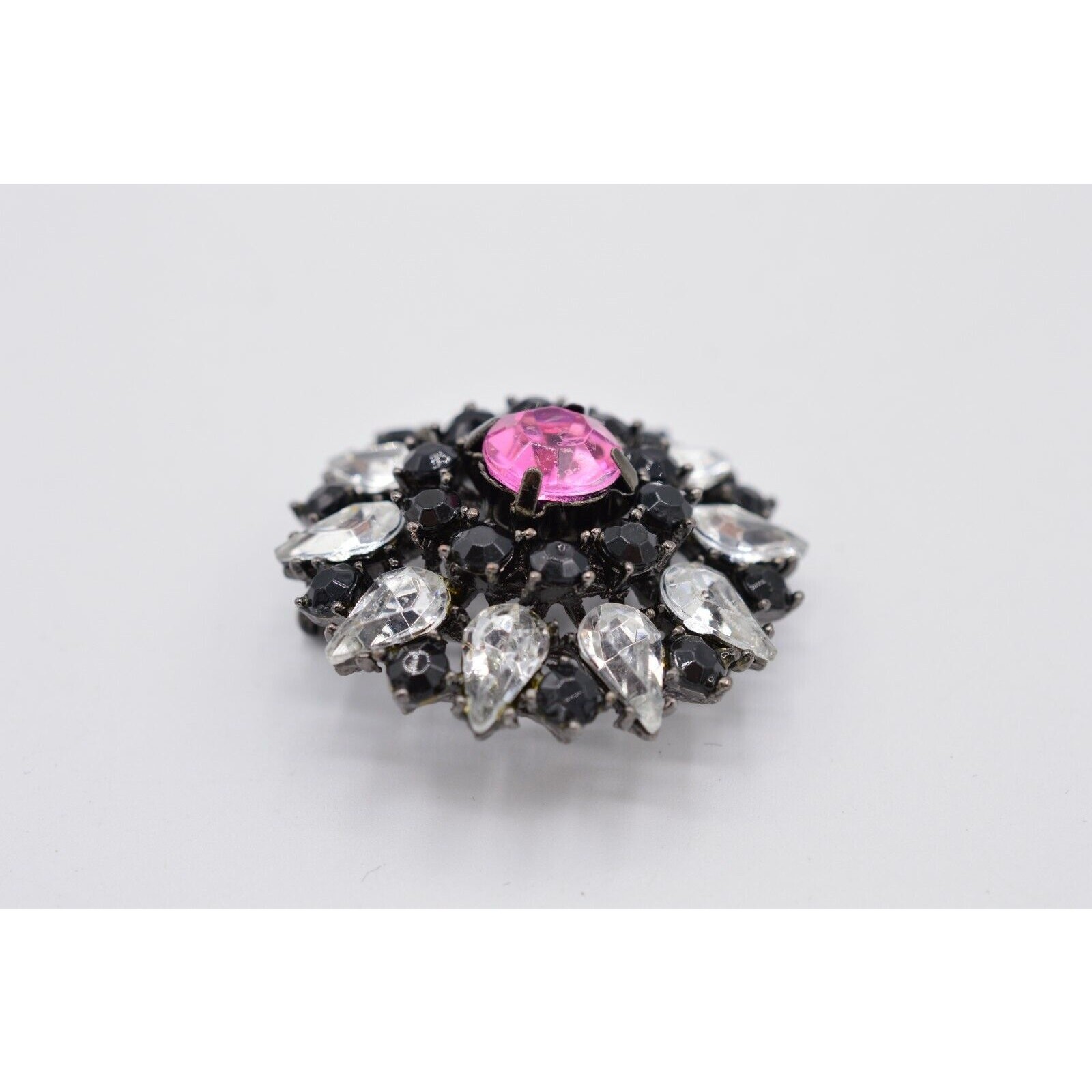 Vintage Pink Crystal Starburst Pin Brooch Rhinestone Black Gunmetal 1980s Bin5B