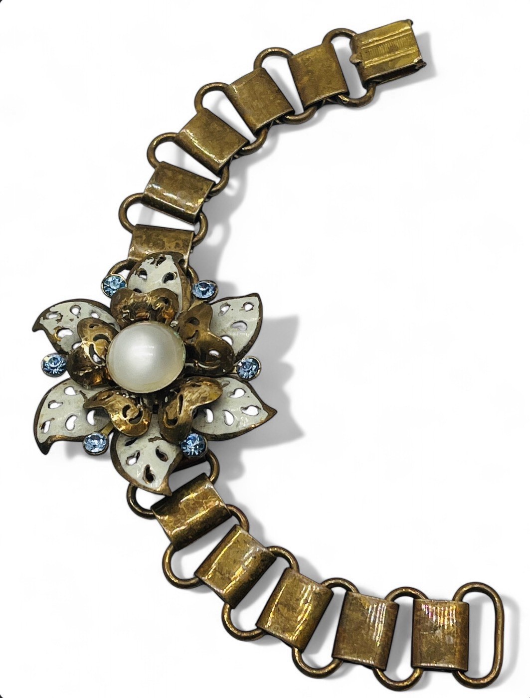 Vintage 50’s Signed Coro Pegasus Blue Glass Rhinestone & Enamel Flower Bracelet
