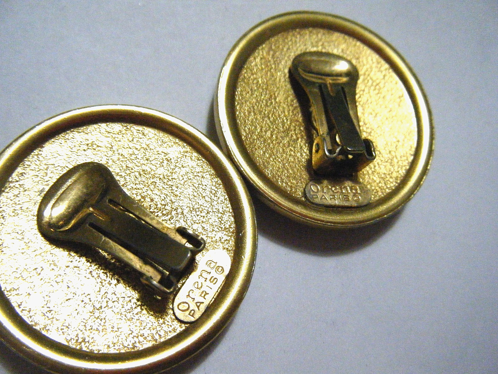 Vintage 80s Retro Orena Paris Gold ClipOn Large Button Earrings Geometric Enamel