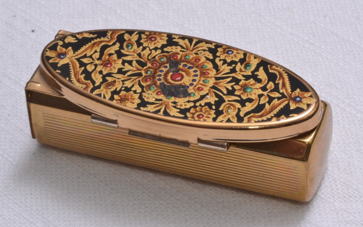 Stratton England Compact Mirror & Lipstick Holder Gold Tone Floral Fiip VTG 60s