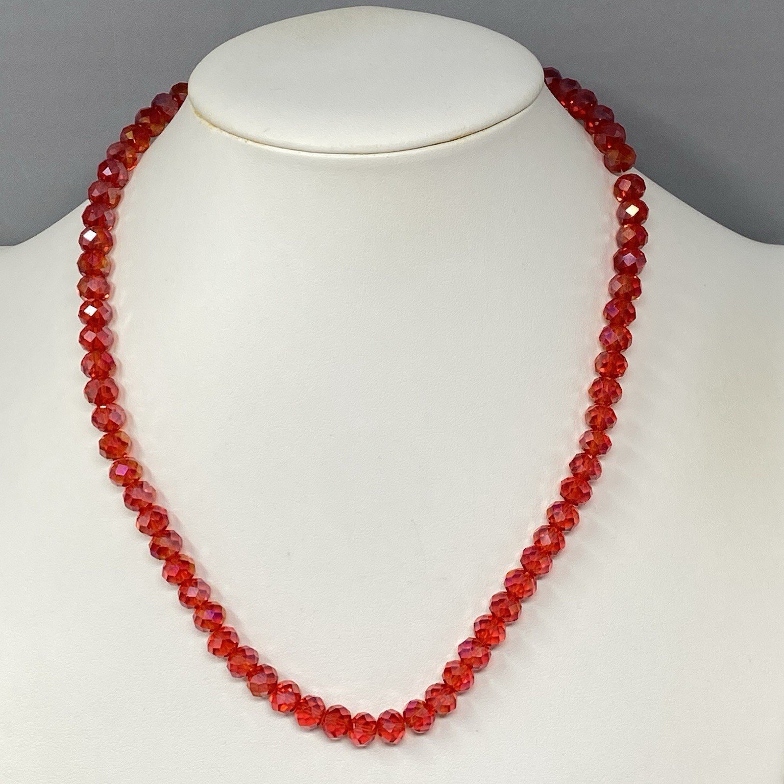 Red Aurora Borealis Glass Bead Necklace Colar Iridescent Shiny Round Faceted 18″