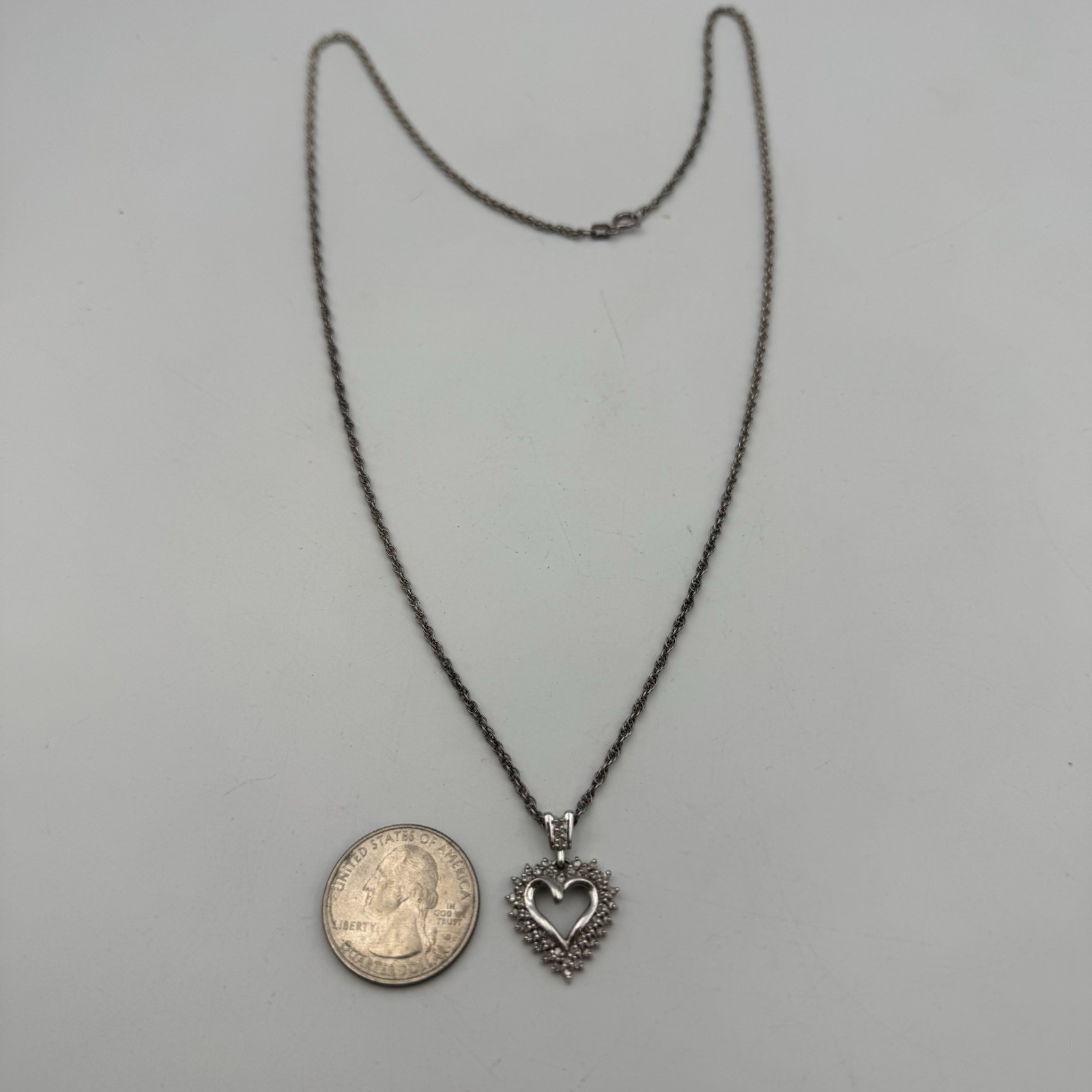 Vintage Sterling Silver 925 Clear CZ Heart Design Pendant 23.5in Necklace 6.4g