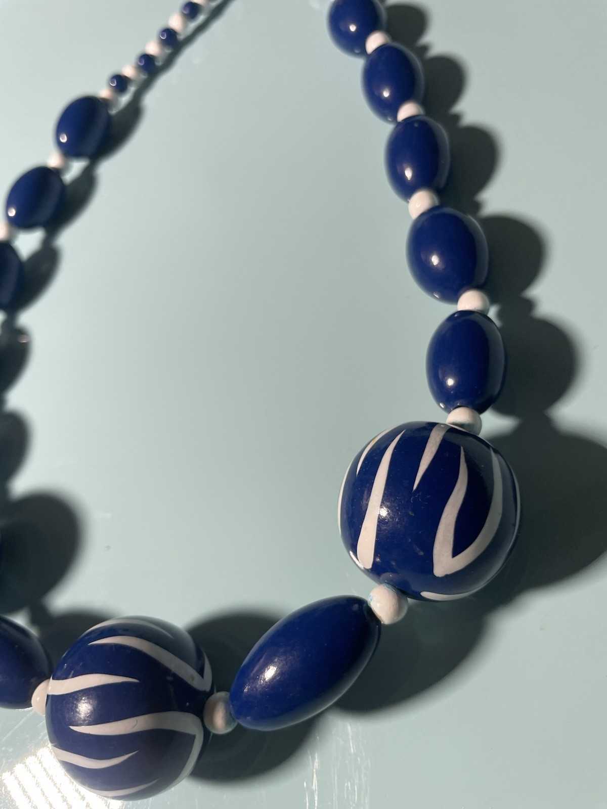 Vintage Blue White Lucite Bead Necklace Zebra Stripe Mod Statement Retro