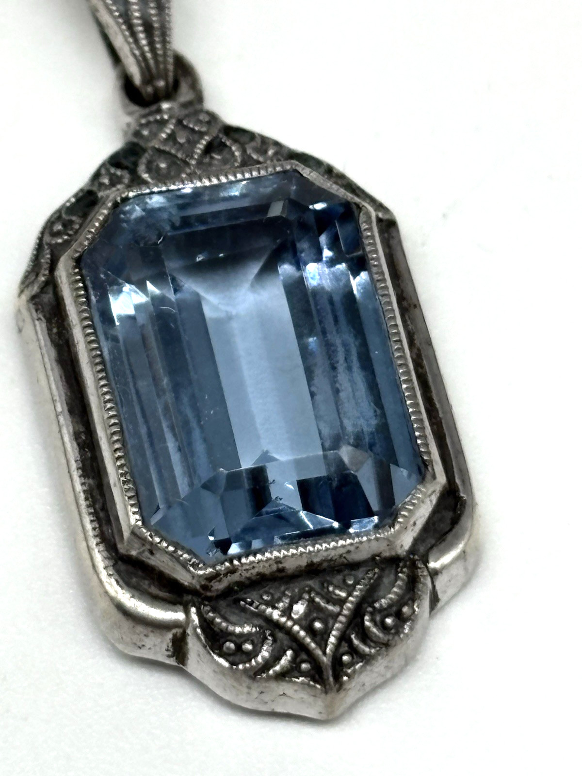 German Art Deco Pendant 835 Silver Ornate Blue Crystal Emerald Cut Vintage