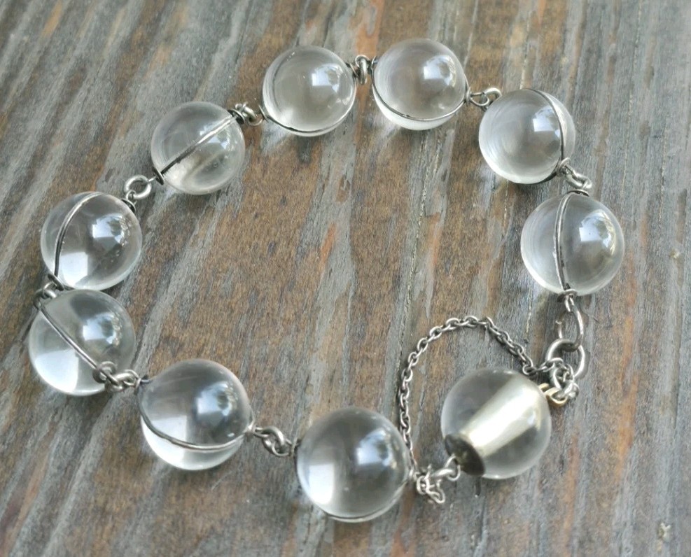 Antique Art Deco Pools of Light Sterling Silver Rock Crystal Quartz Orb Bracelet
