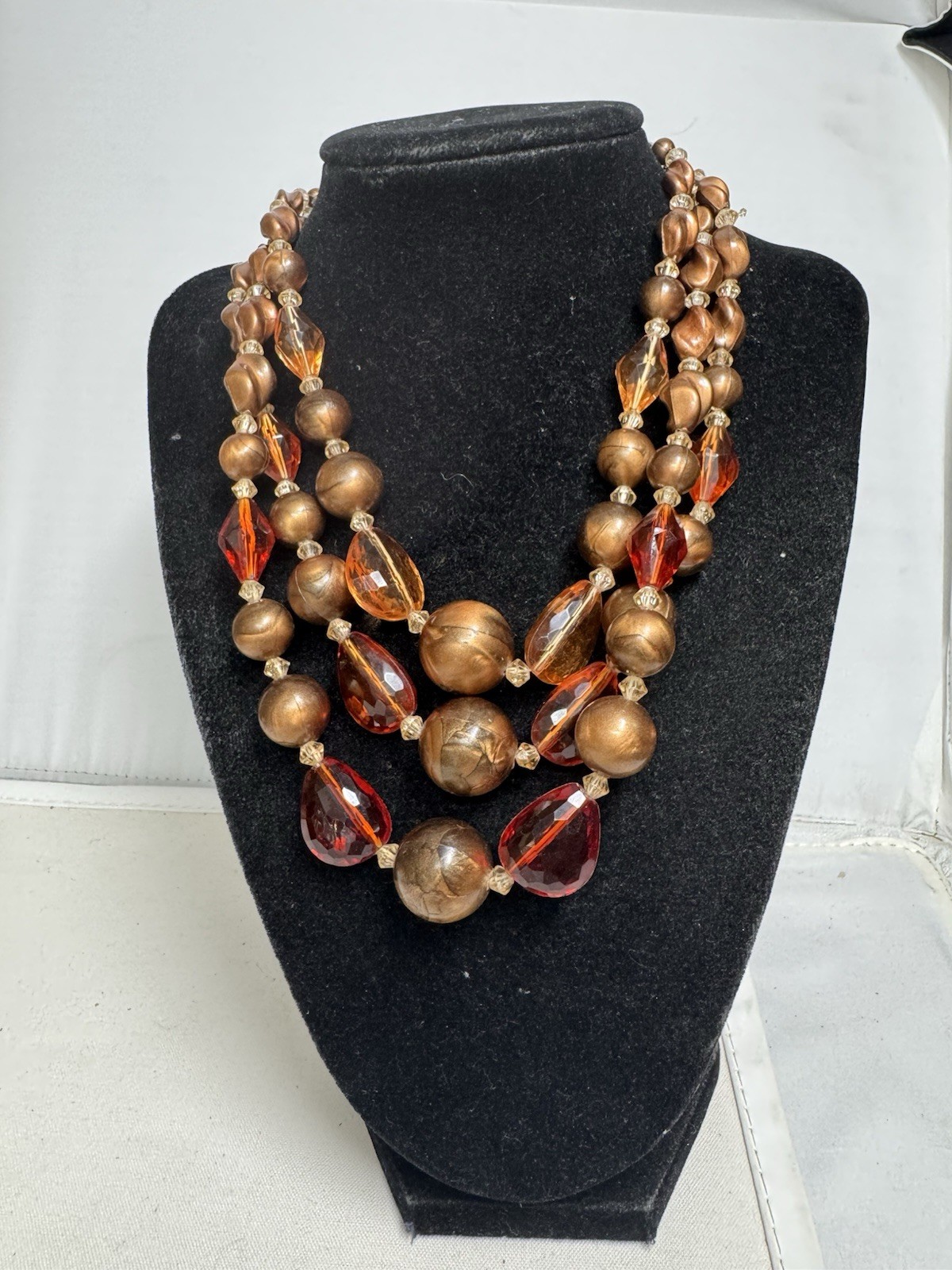 vintage three-strand necklace Acrylic Lucite Plastic Glass Beads Made In Germany