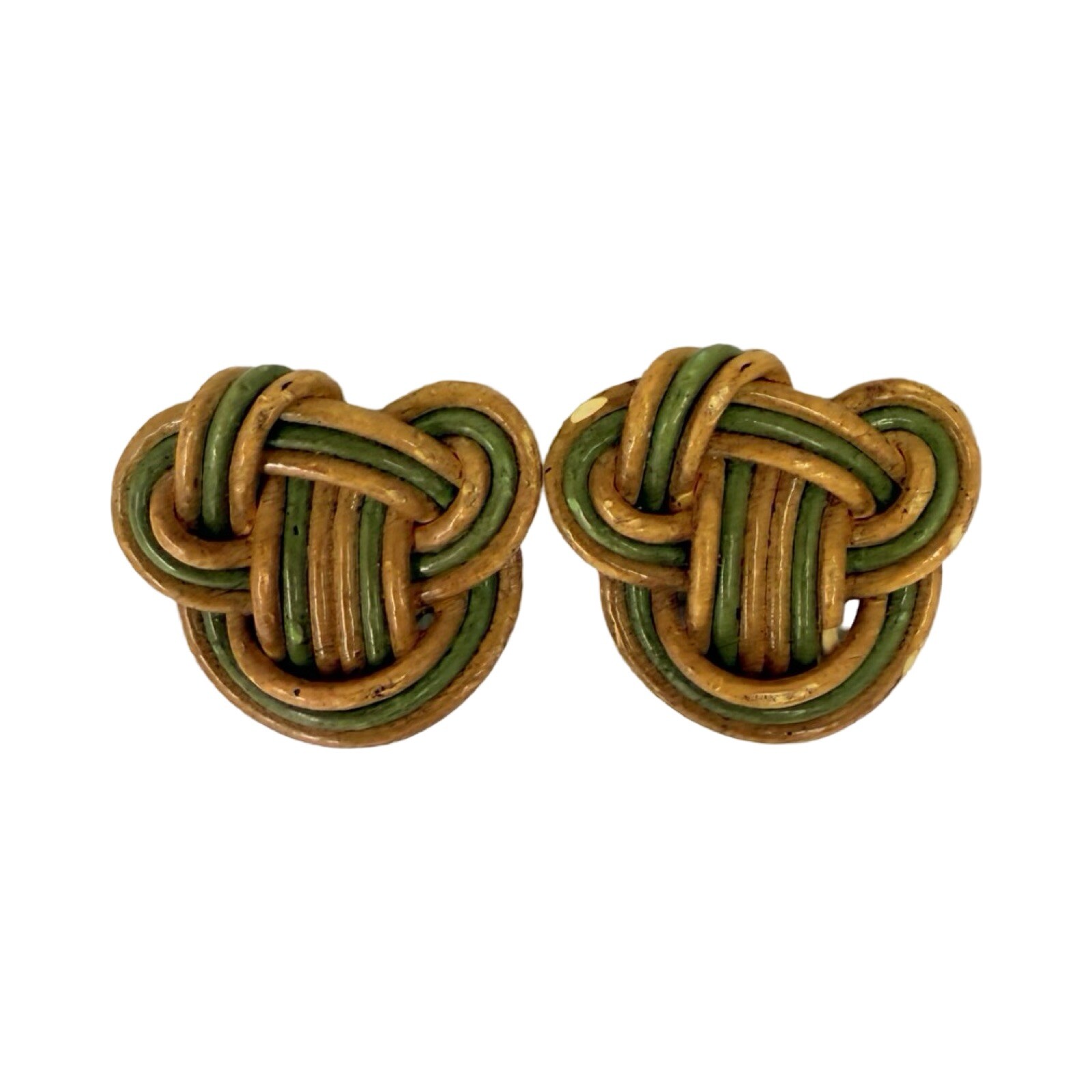 Green And Tan Wicker Knot Screw Back Earring Retro Boho Chic