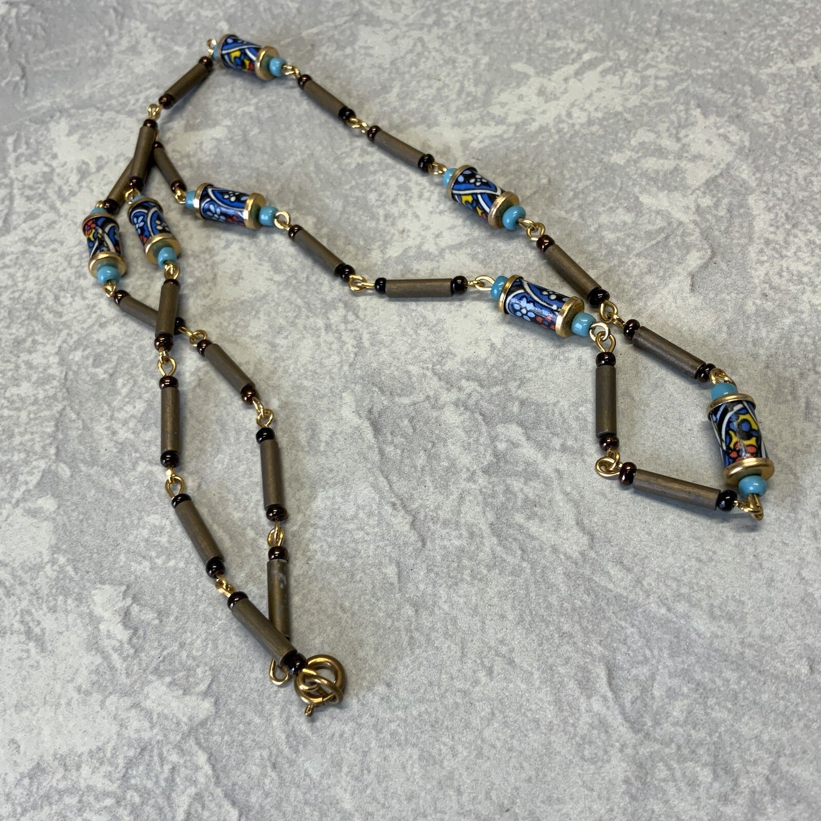 Vintage blue and gray acrylic bead necklace with spring ring clasp