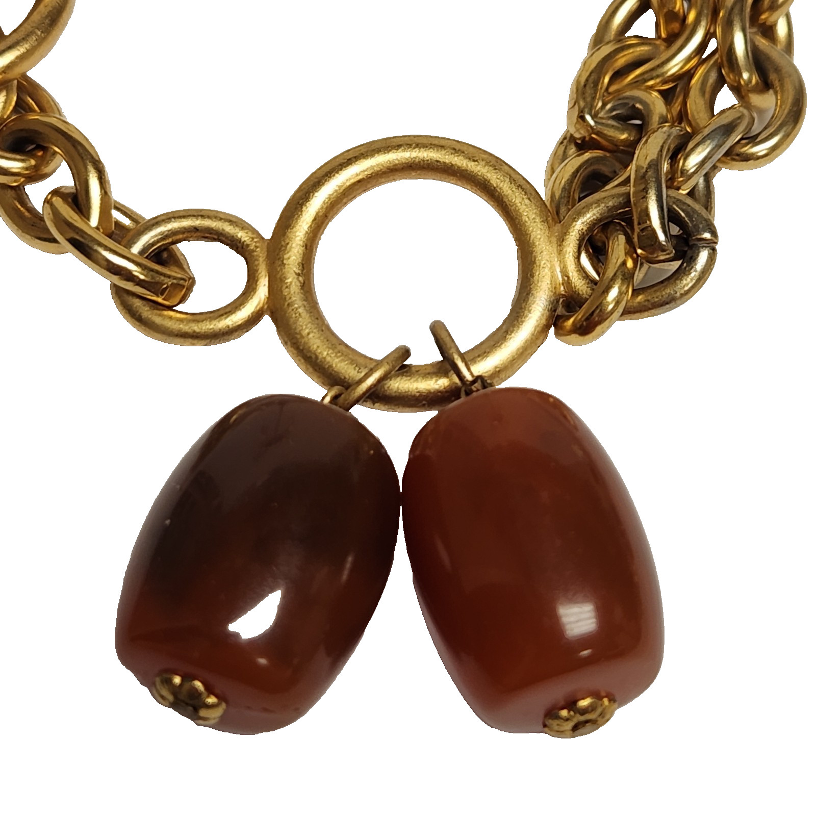 Vintage 80’s Brushed Gold Tone Double Rolo Link Toggle Bracelet Barrell Dangles