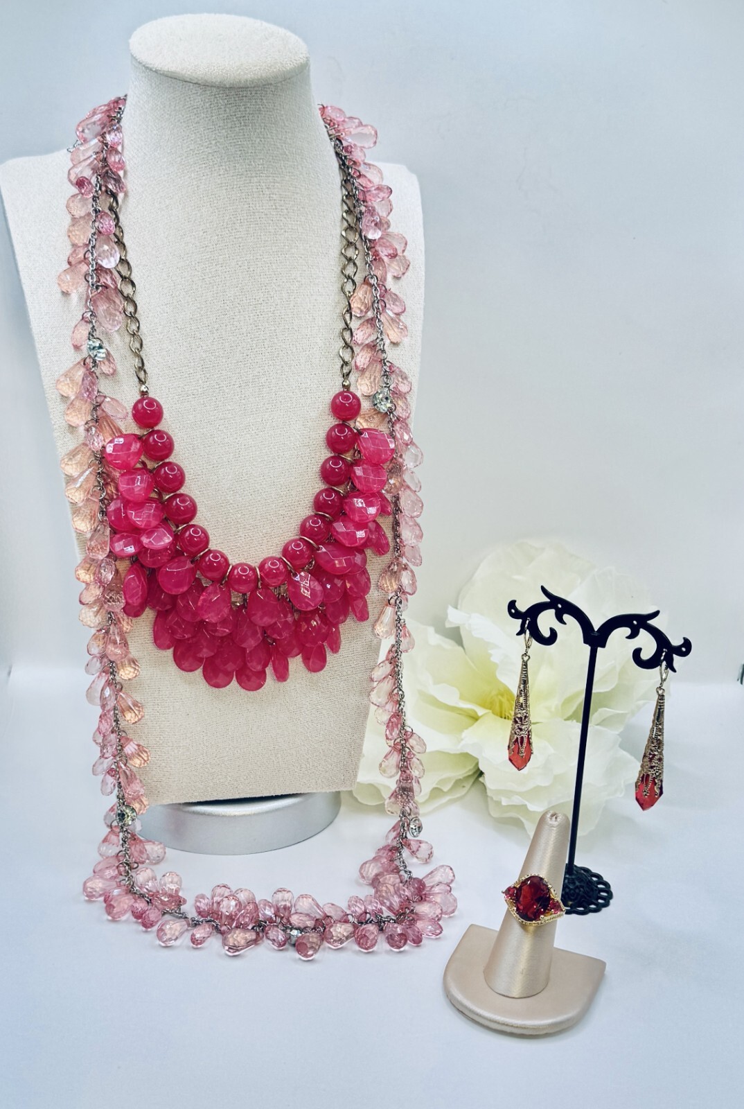 Beautiful Pink Lot 42″ & 20″ Crystal Necklaces Stunning Earrings + Gorgeous Ring