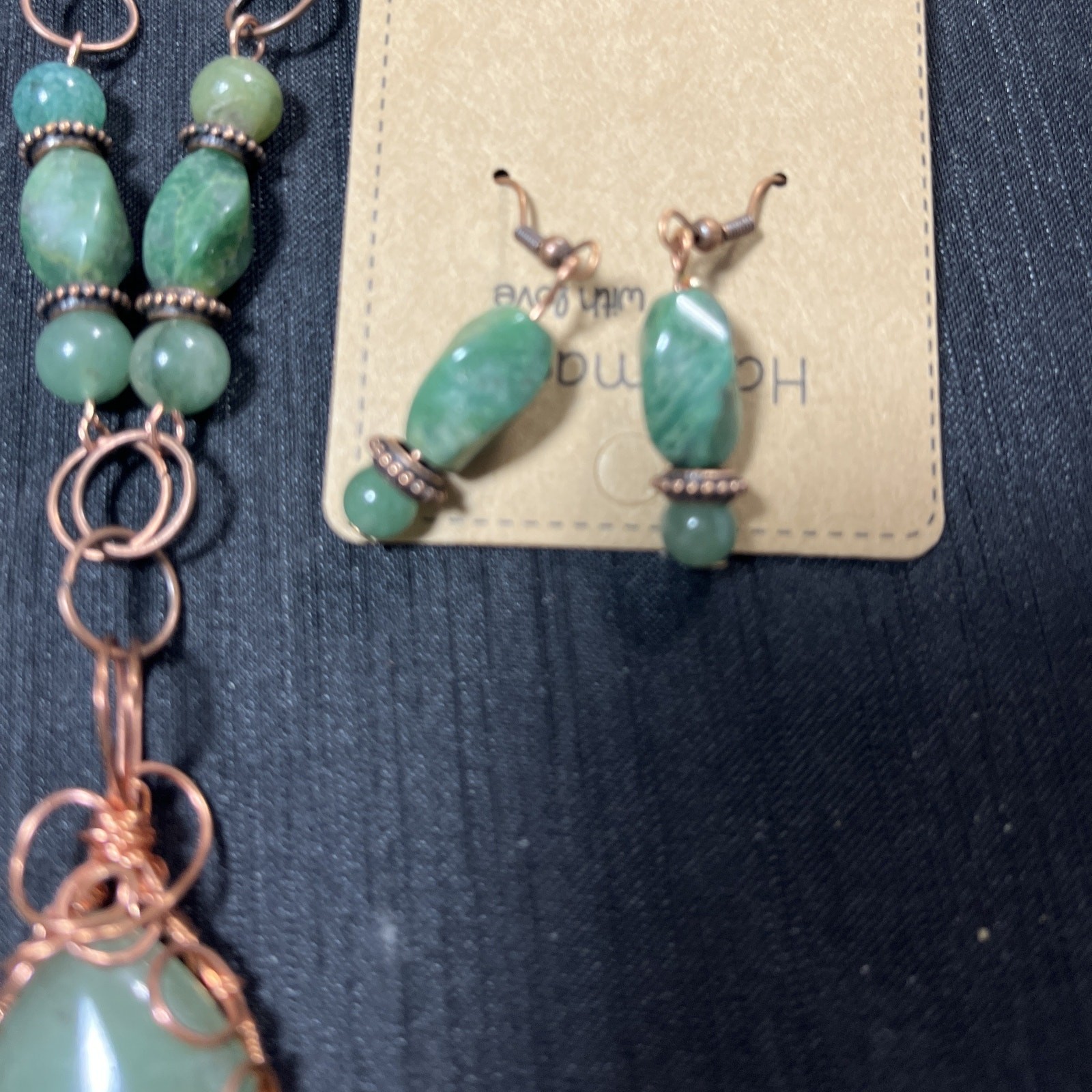 Aventurine Teardrop 1 1/4″ Cabochon Necklace Pendant Earrings 20″ Copper Bezel