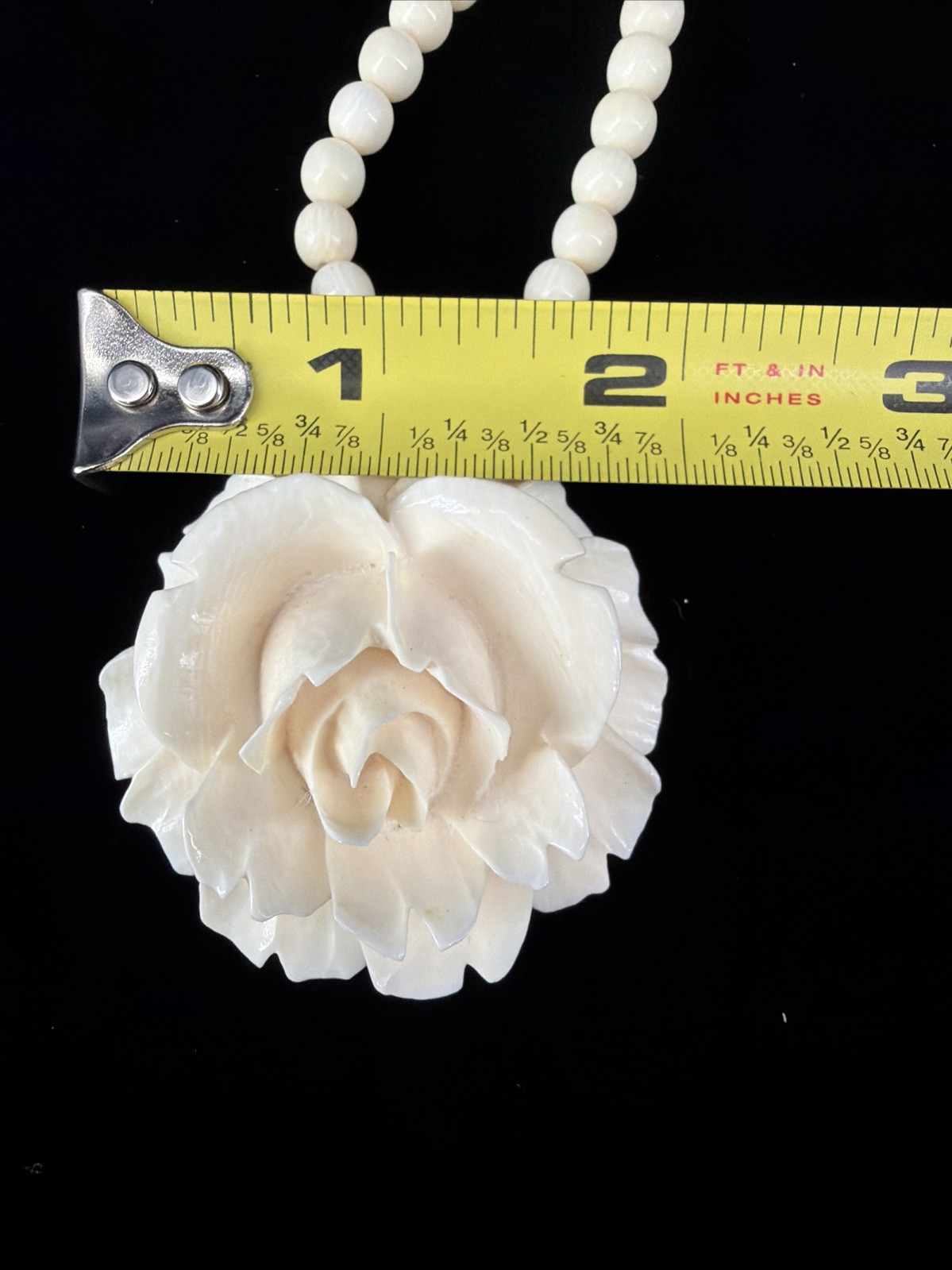 Vintage White Resin Rose Long Hand Beaded Statement Necklace 22”