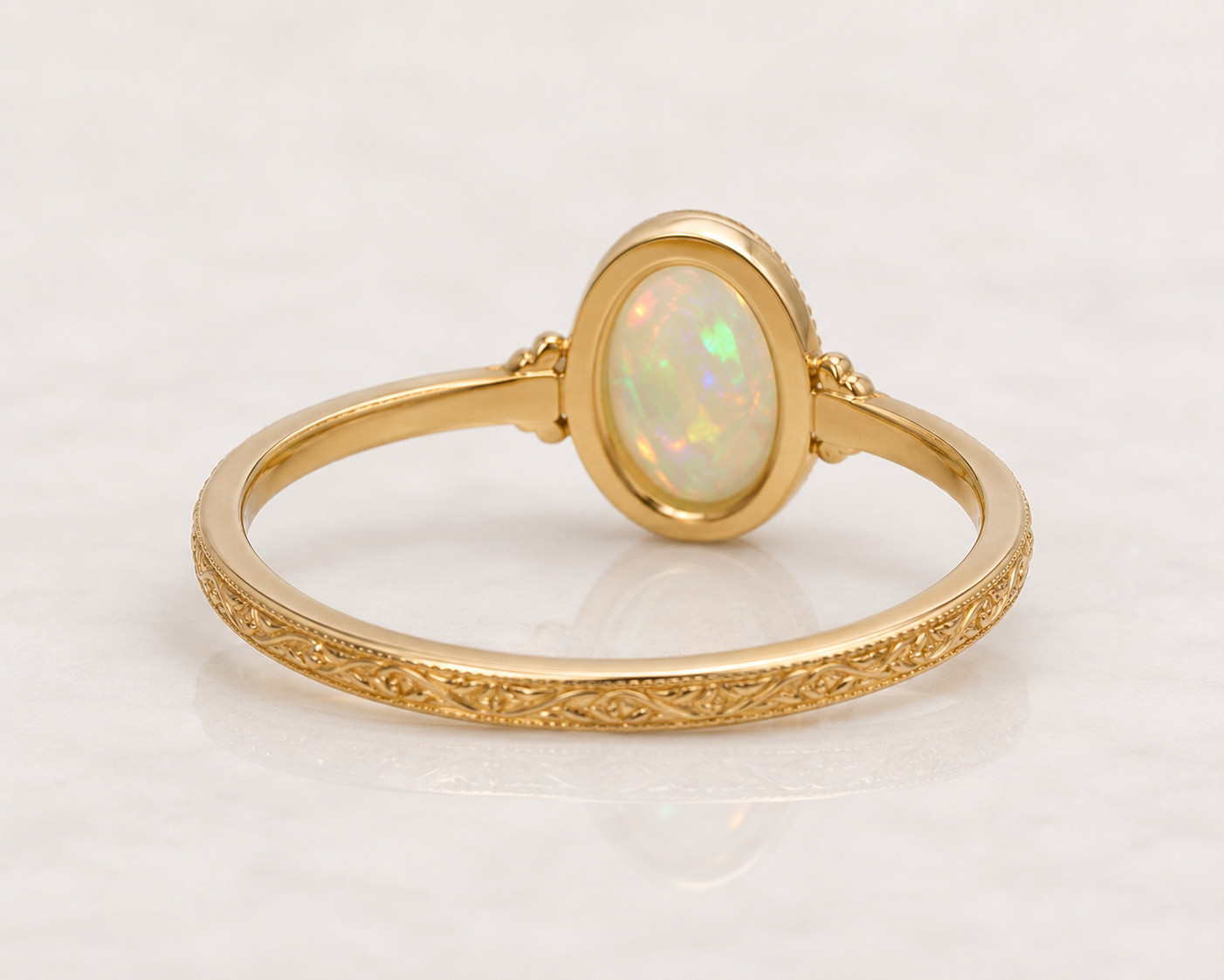 Vintage Engraved Thin Band • Ethiopian White Opal • Elegant Everyday Ring