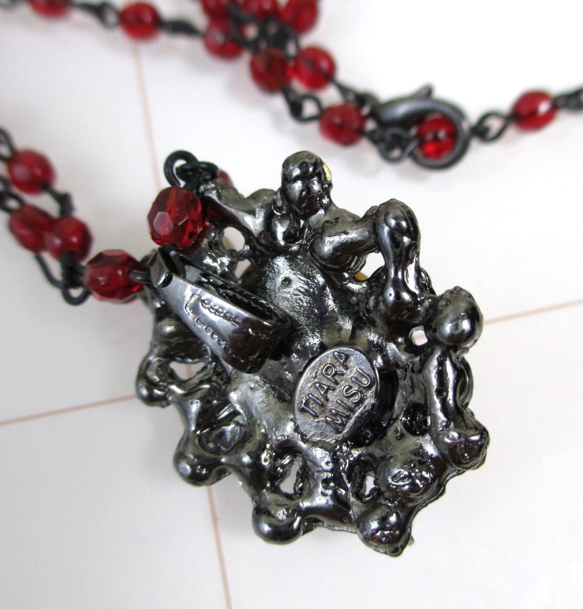 Vintage Ruby Red AB Rhinestone Choker Necklace Tiara Misu Signed Aurora Borealis