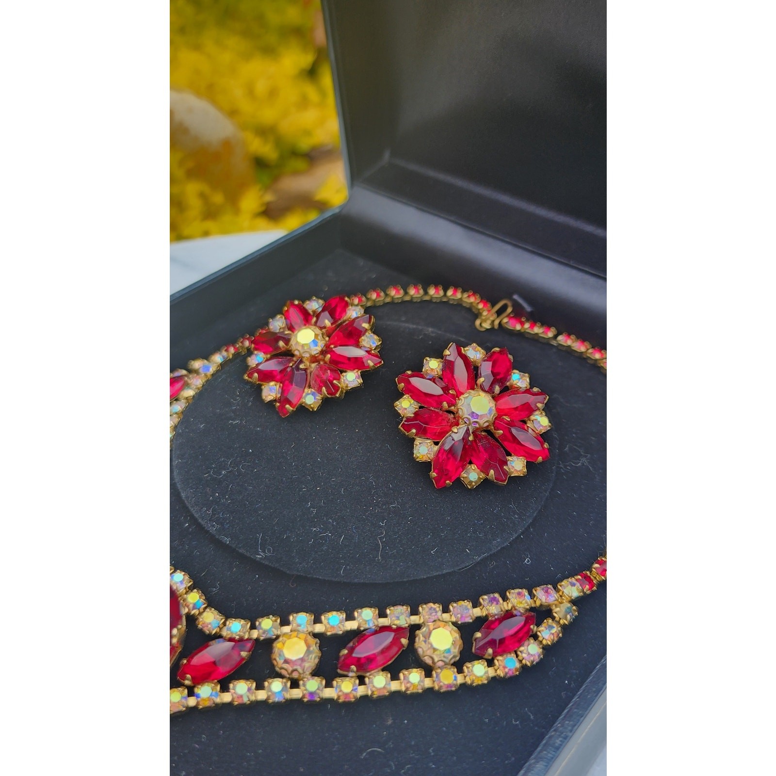 Rare Juliana DeLizza And Elster Red Rhinestone Necklace and Earrings Set