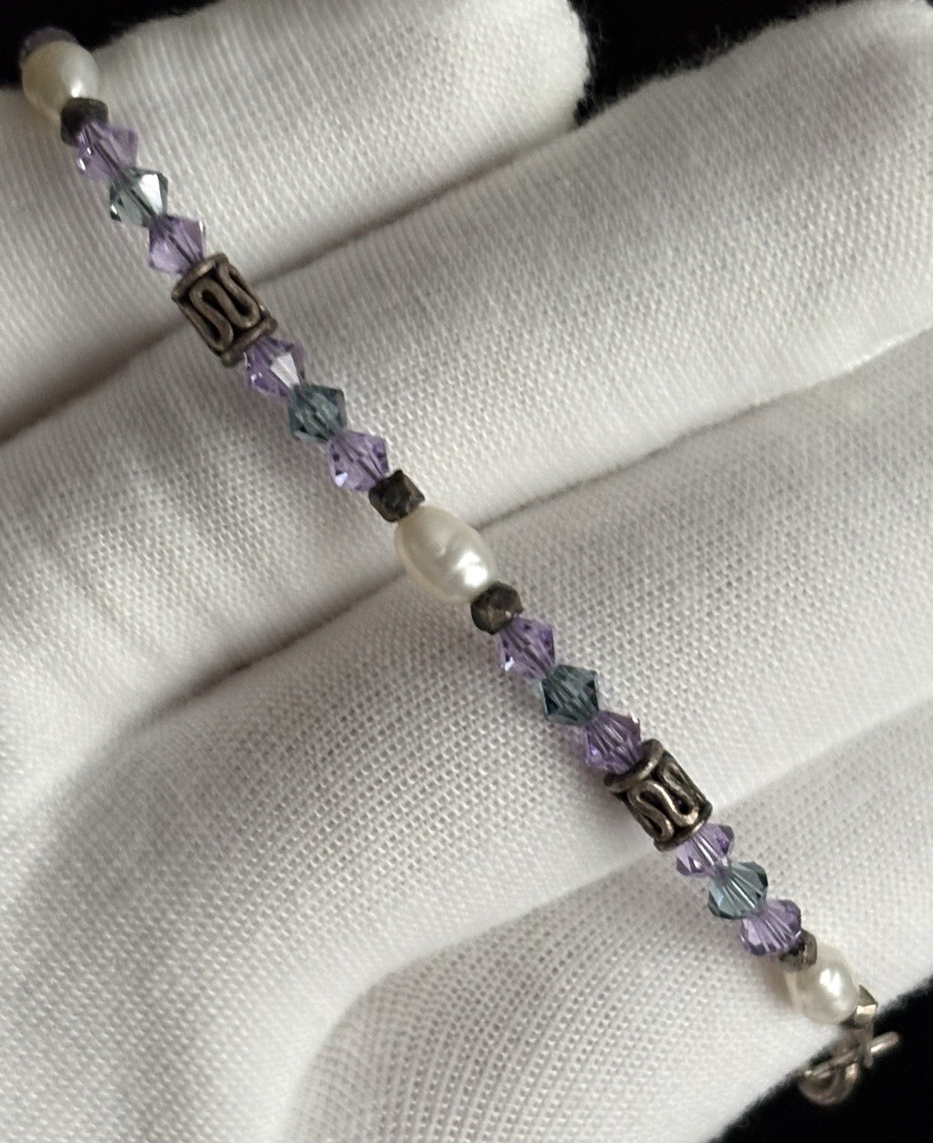 Vintage 925 Sterling Silver Teal and Purple Crystal, Pearl, Bead 7.25” Bracelet