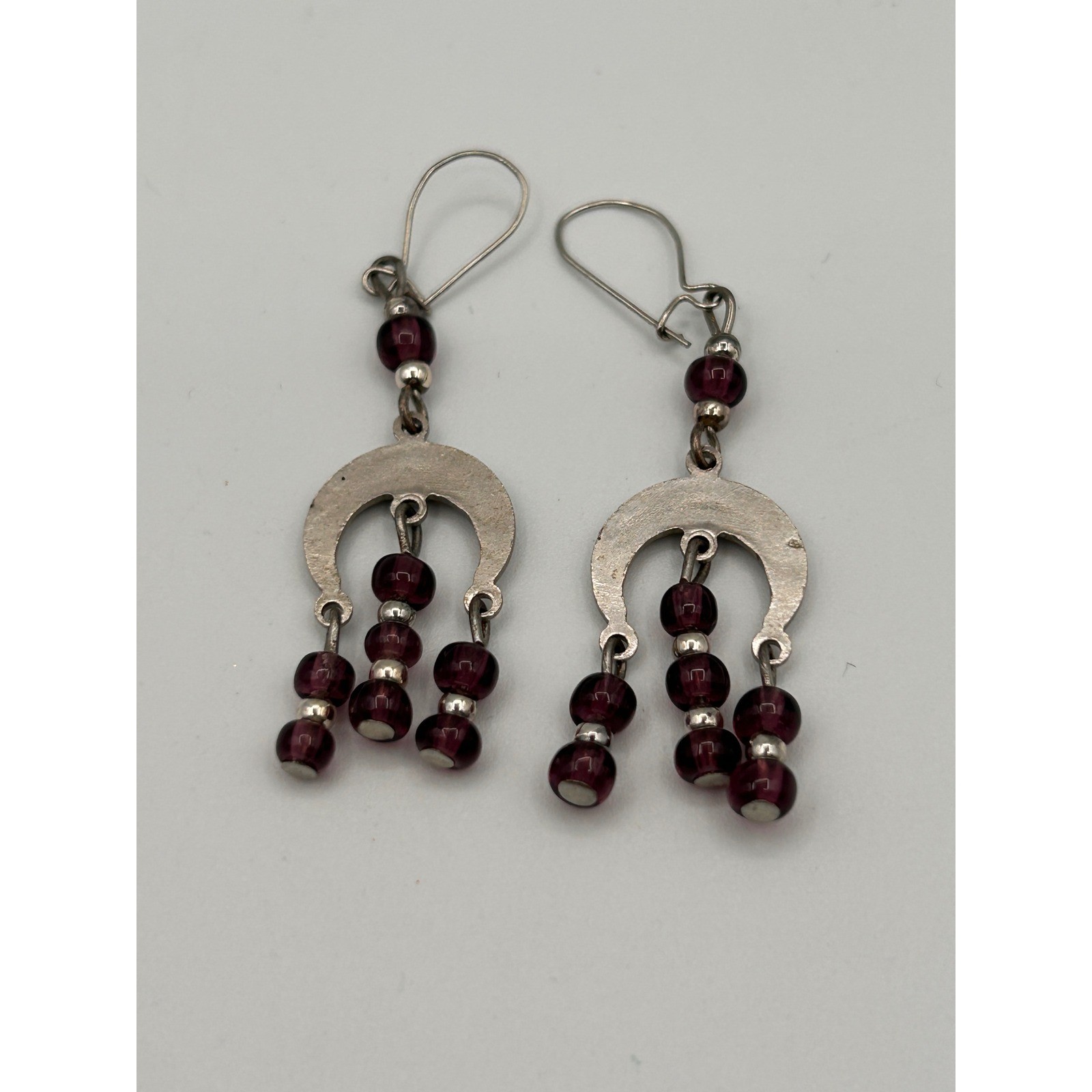 Vintage Silver Tone Purple Beaded Chandelier Dangle Drop Earrings Boho