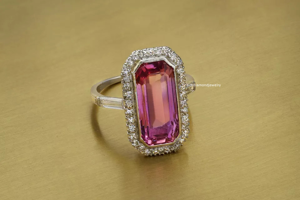 Long Emerald Cut Transparent Pink Topaz With Halo White CZ Modern Vintage Ring