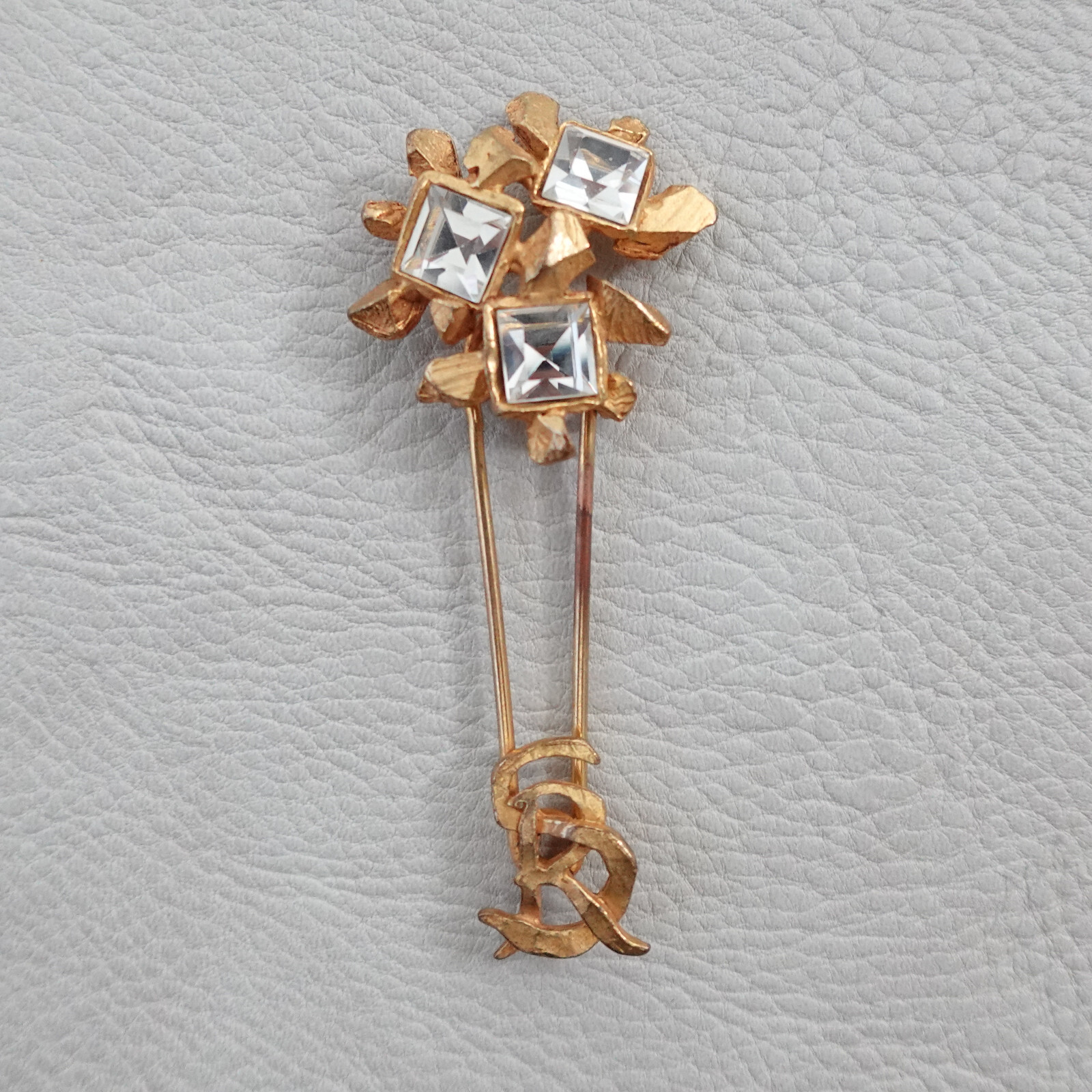 Vintage Brooch Gold Tone Stick Pin Floral Bouquet S R initials Rhinestone