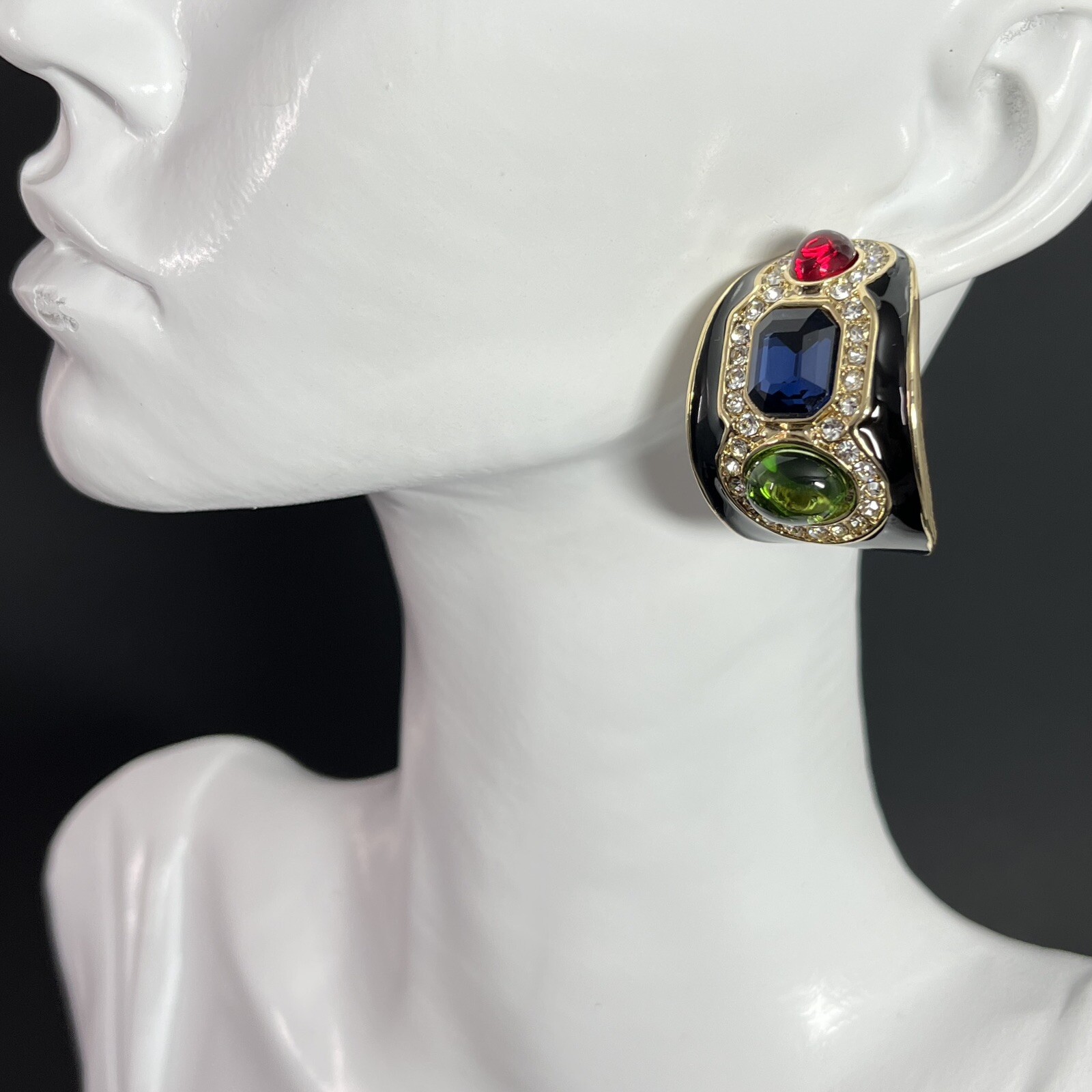 Gripoix Glass Cabochon Earrings Gold Tone Multicolor Half Hoop Huggie Pierced