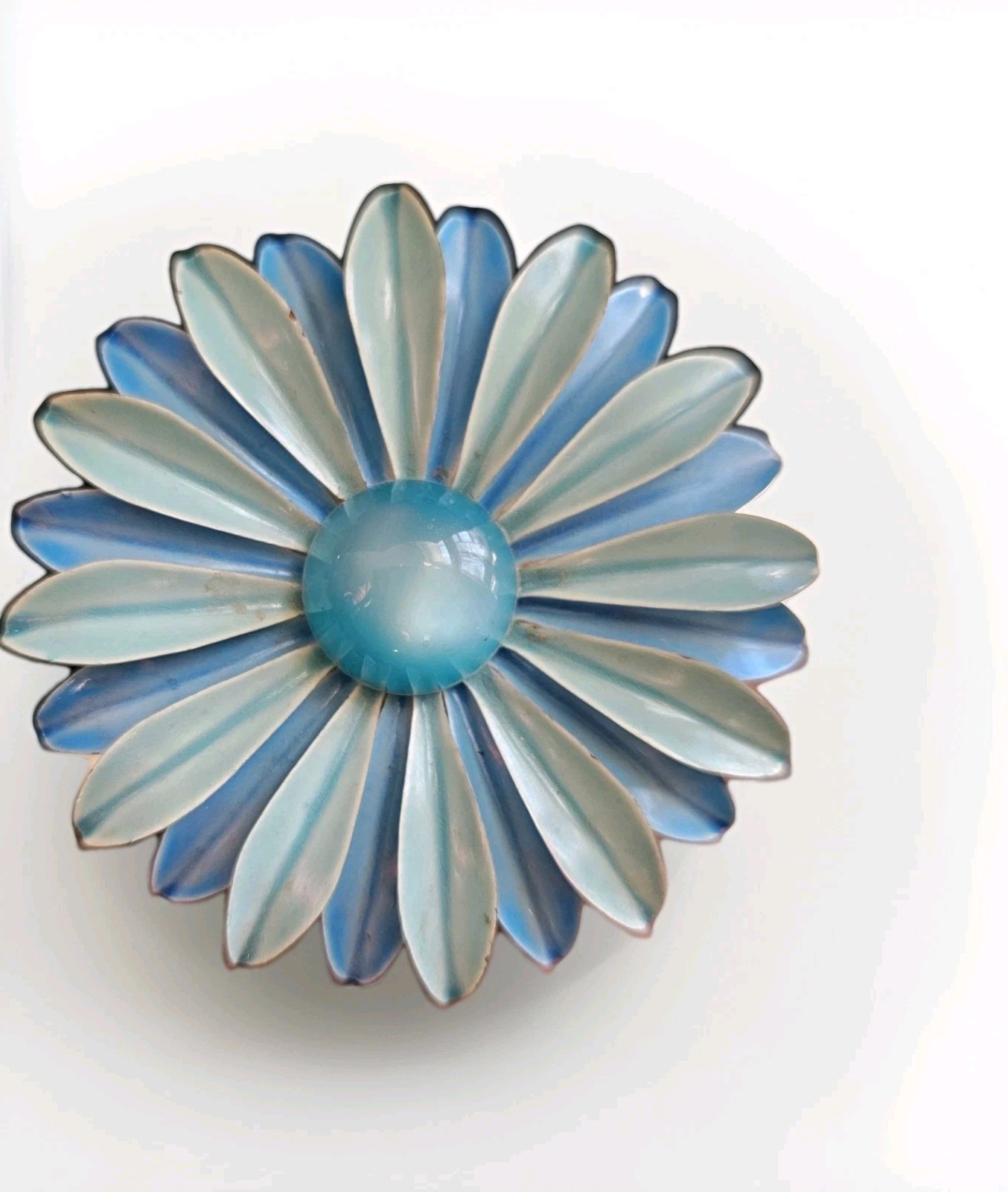 Mcm 3″ Brooch Blue Metal Enamel Flower Retro Daisy 3D Petals Statement Hippy