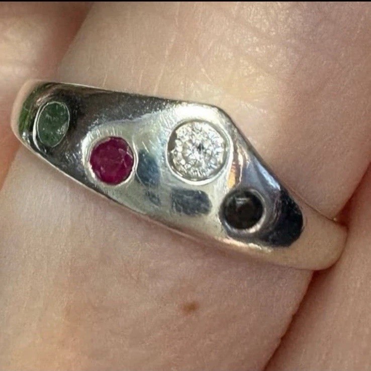 Vintage Custom Made Sapphire Emerald Ruby Sterling Silver Band Ring