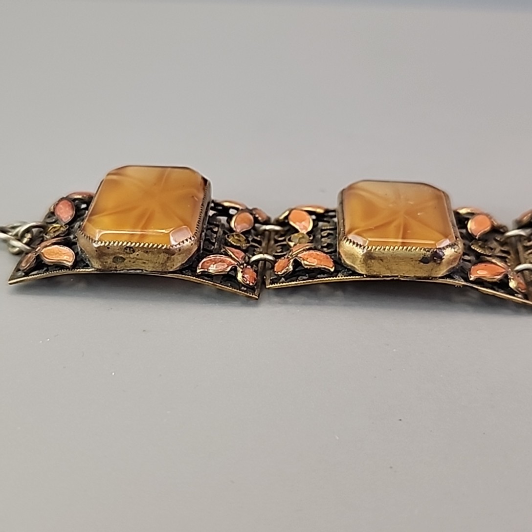 Vintage Panel Bracelet Brown Faux Star Sapphire Peach Enamel Fall Autumn 7.25″