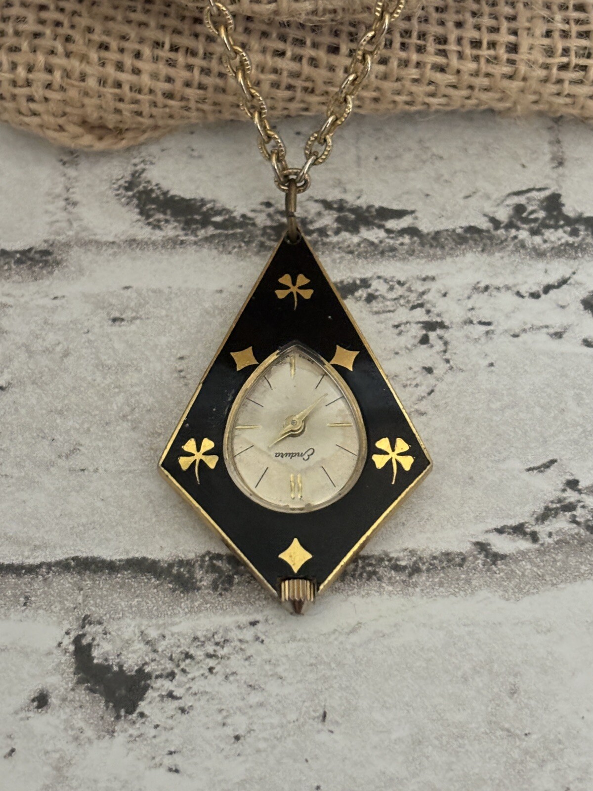 Endura Black Enamel Gold Tone Watch Pendant Necklace 24”