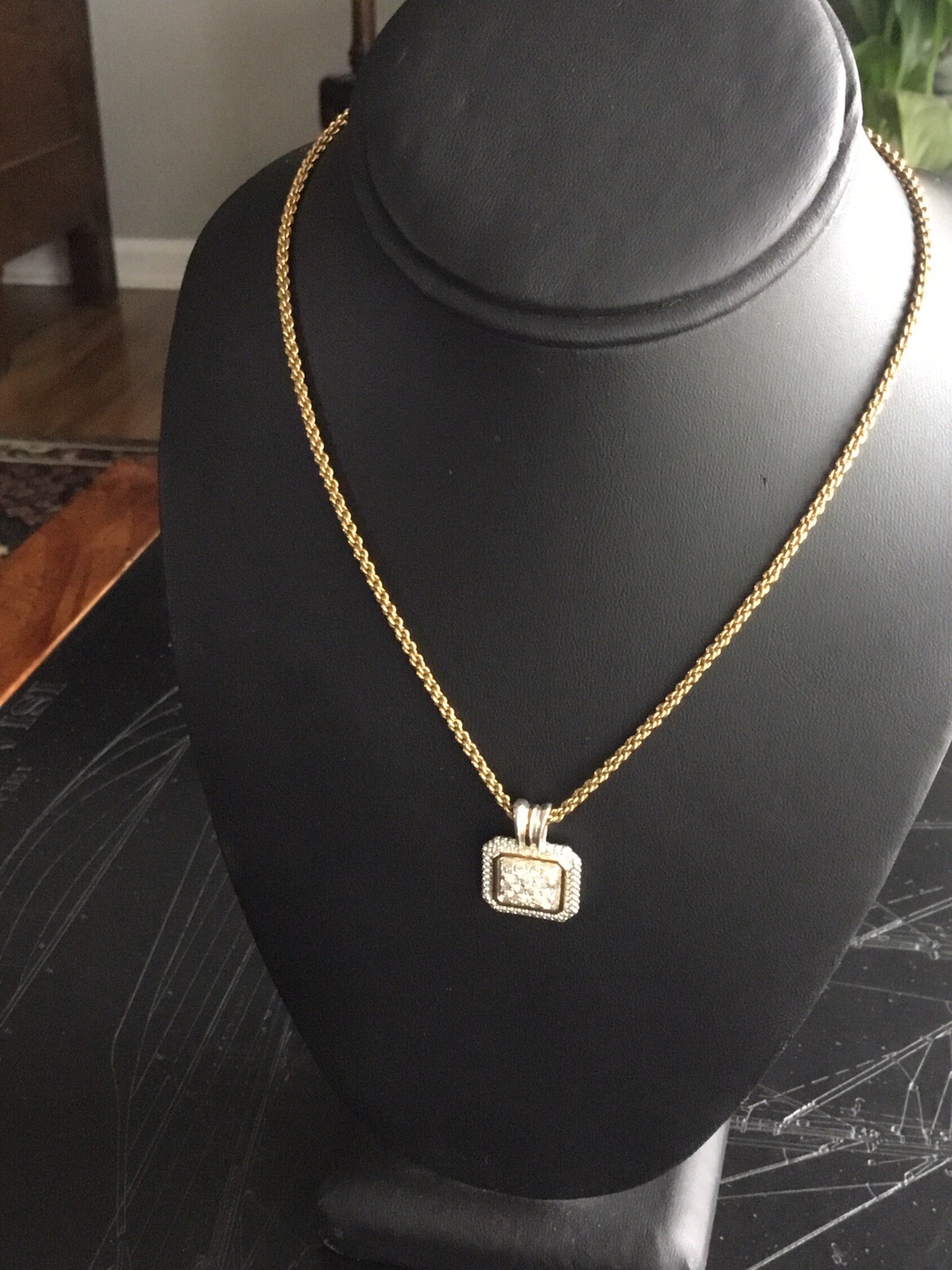 Signed Avon Silver & Gold Tone Square Rhinestone Paved Pendant On Popcorn Chain