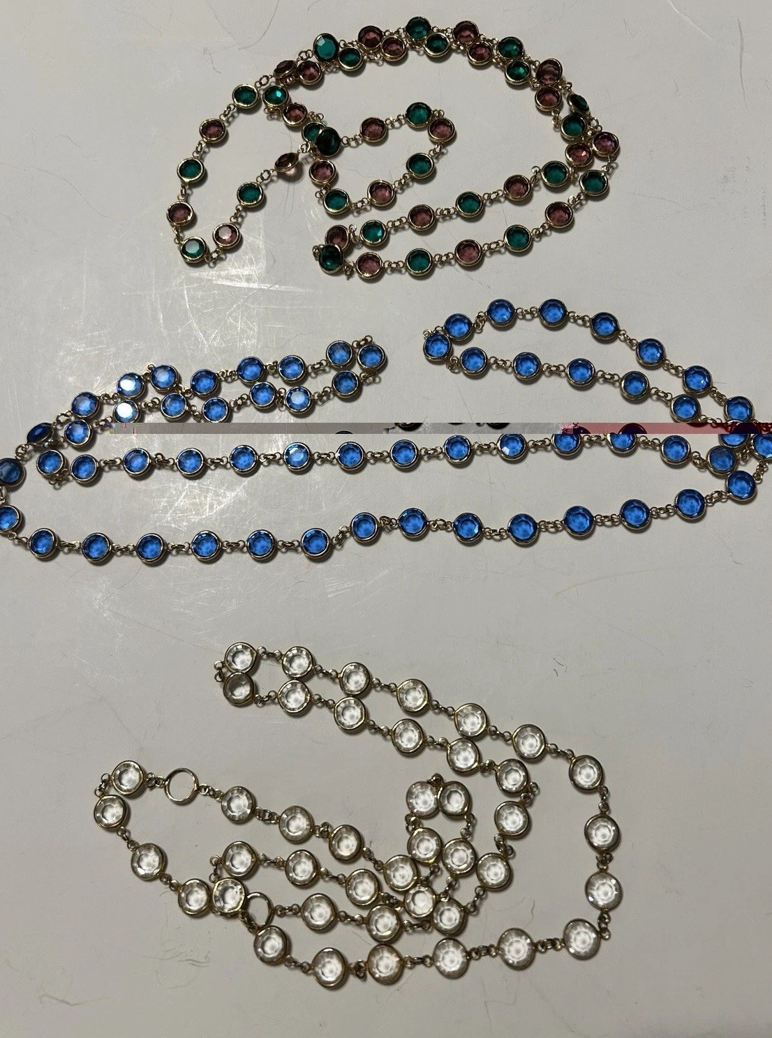 3 Vintage Faceted Austrian Crystal Window Necklaces Bezel Blue, Clear, Multi